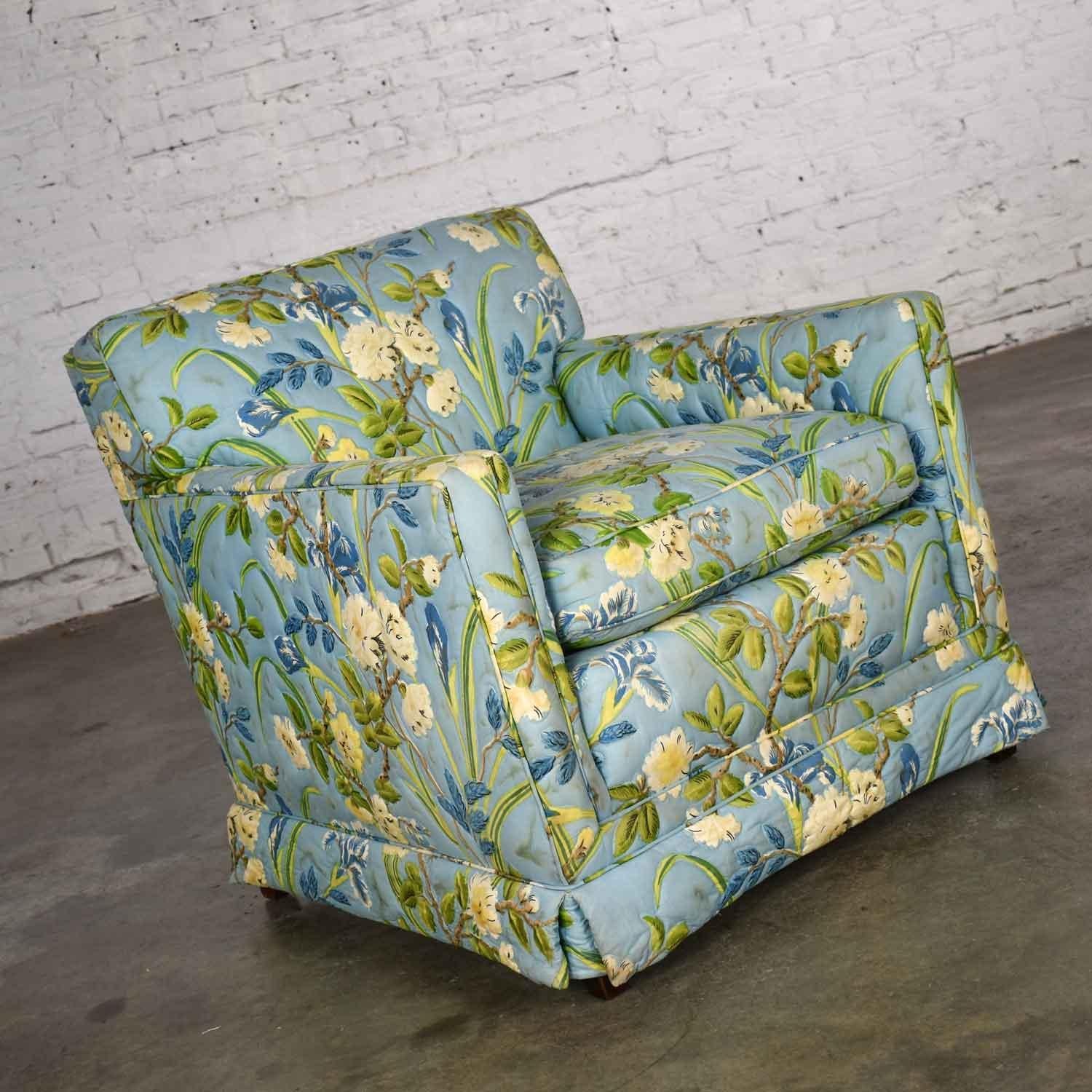Gorgeous Hollywood Regency upholstered club chair with original quilted blue chintz cabbage rose floral print fabric by J and S Furniture Mfg. Co. (Although its shape if you don’t at the fabric is very Art Deco or Mid Century Modern like Jean