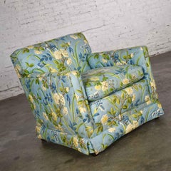 Blue Quilted Chintz Original Cabbage Rose Floral Hollywood Regency Club Chair