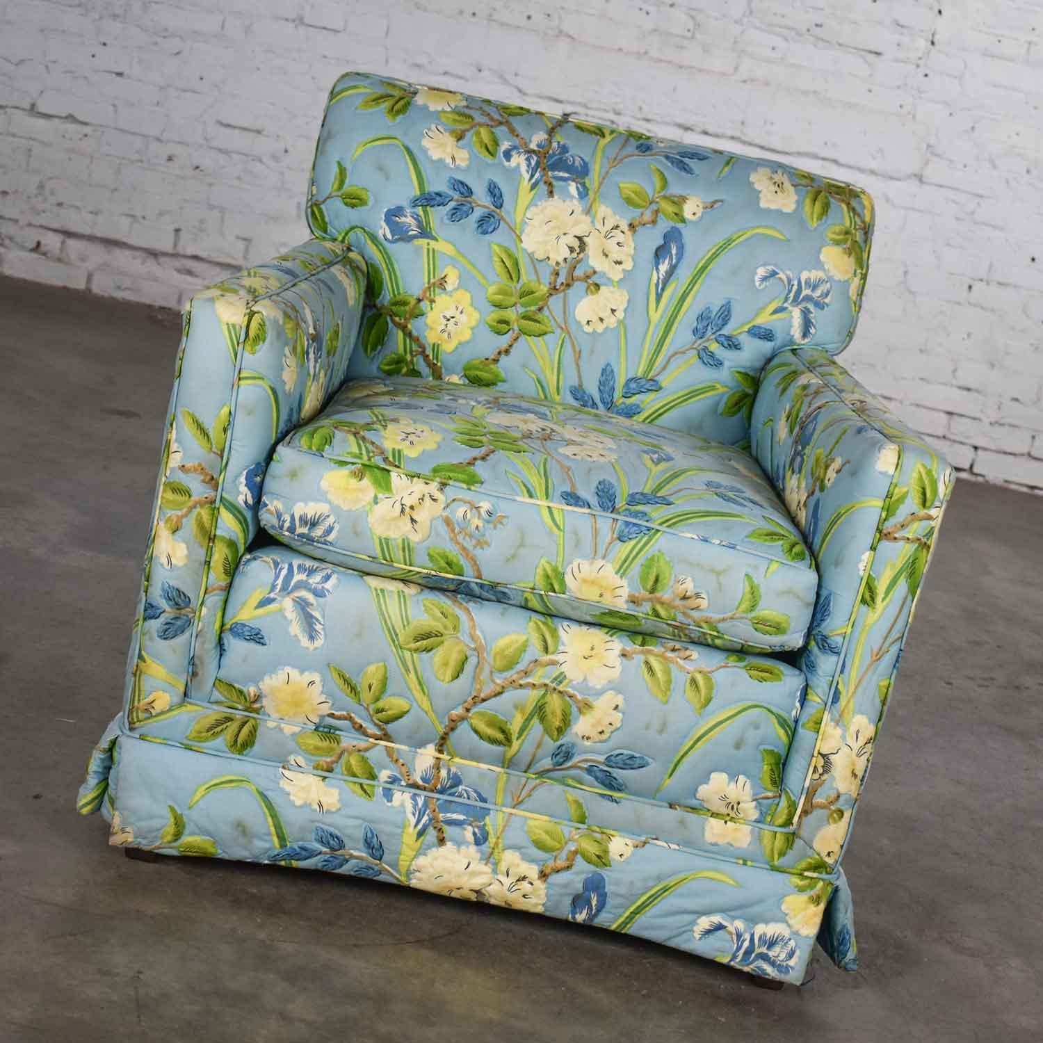 Unknown Blue Quilted Chintz Original Cabbage Rose Floral Hollywood Regency Club Chair