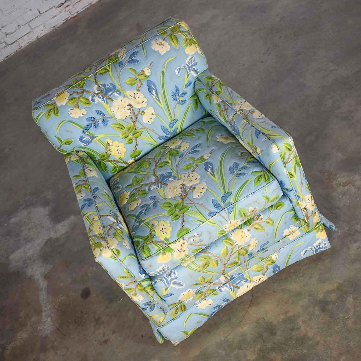 Late 20th Century Blue Quilted Chintz Original Cabbage Rose Floral Hollywood Regency Club Chair