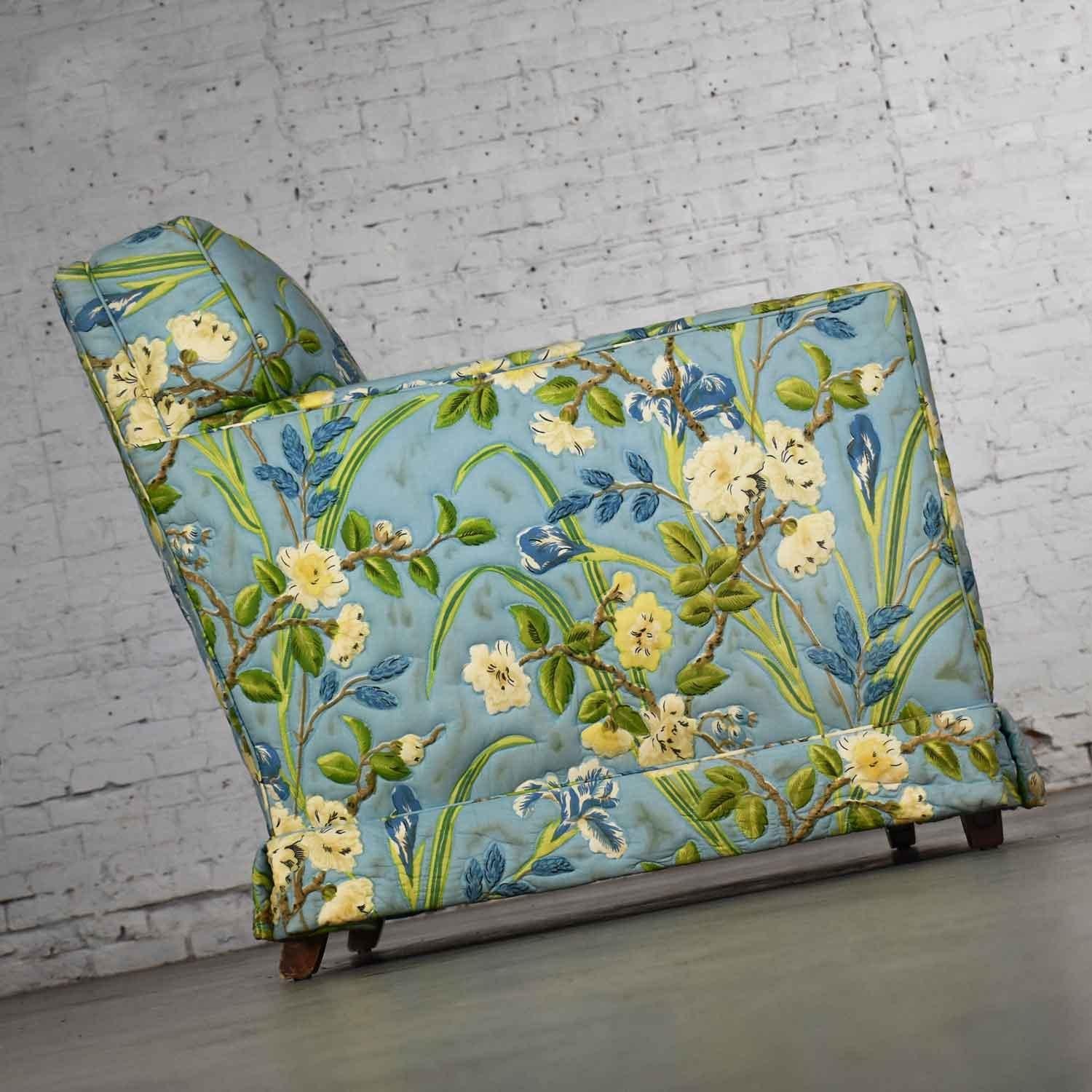 Fabric Blue Quilted Chintz Original Cabbage Rose Floral Hollywood Regency Club Chair