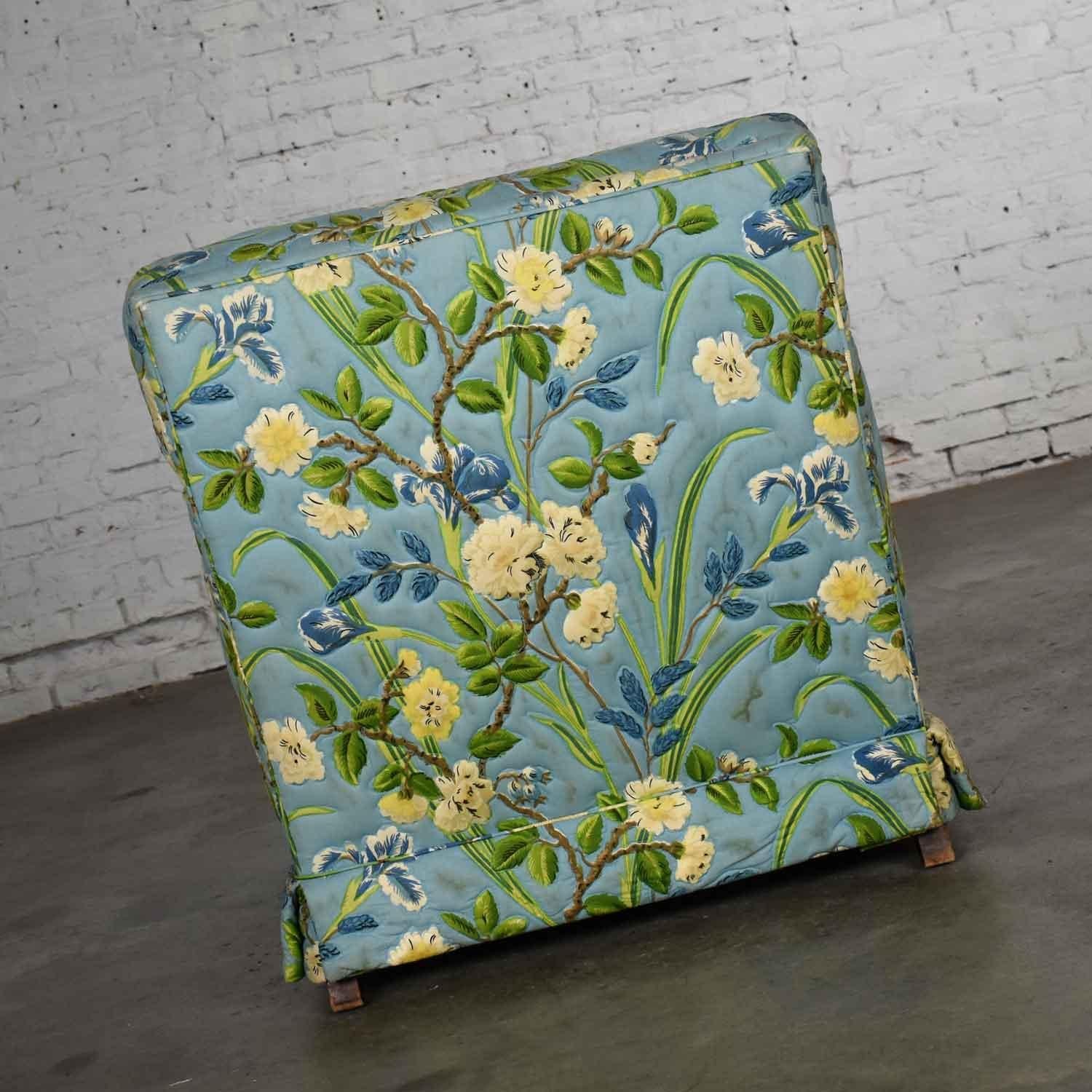 Blue Quilted Chintz Original Cabbage Rose Floral Hollywood Regency Club Chair 1