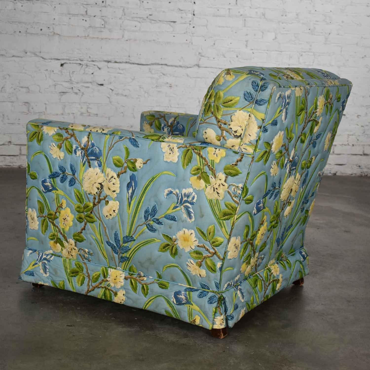 Blue Quilted Chintz Original Cabbage Rose Floral Hollywood Regency Club Chair 2