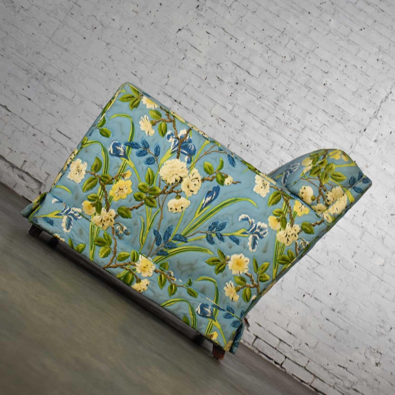 Blue Quilted Chintz Original Cabbage Rose Floral Hollywood Regency Club Chair 3