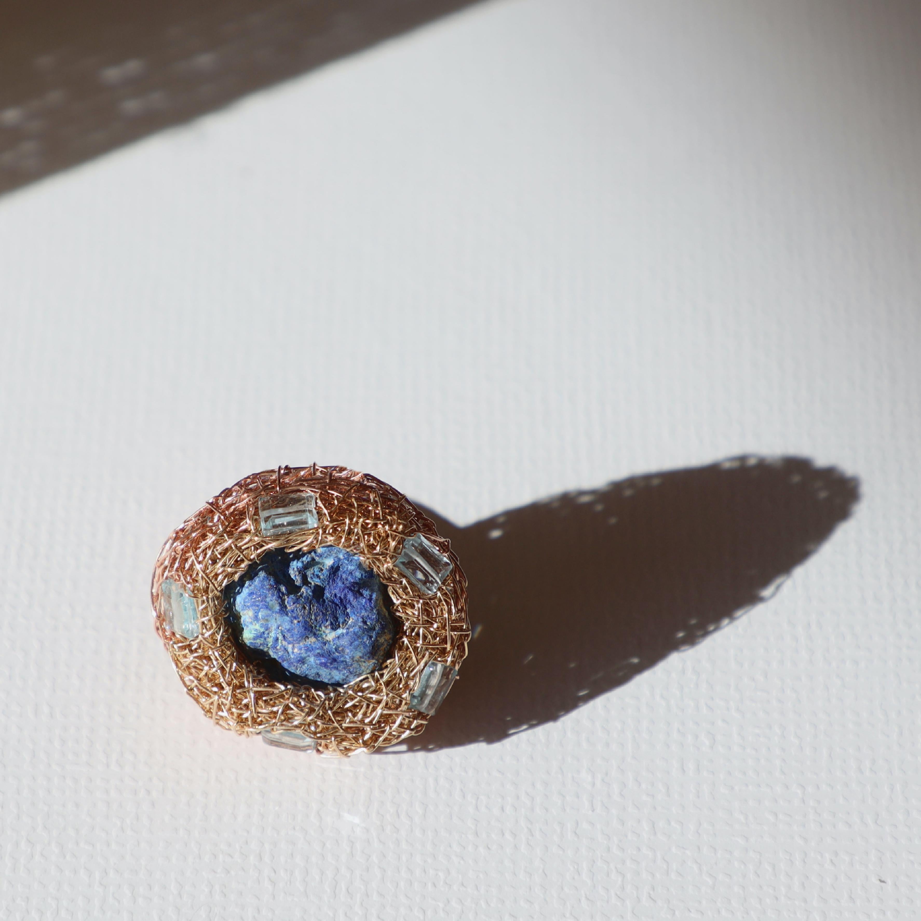 Contemporary Blue Raw Azurite and Swiss Blue Topaz Artist Statement and Cocktail Ring For Sale