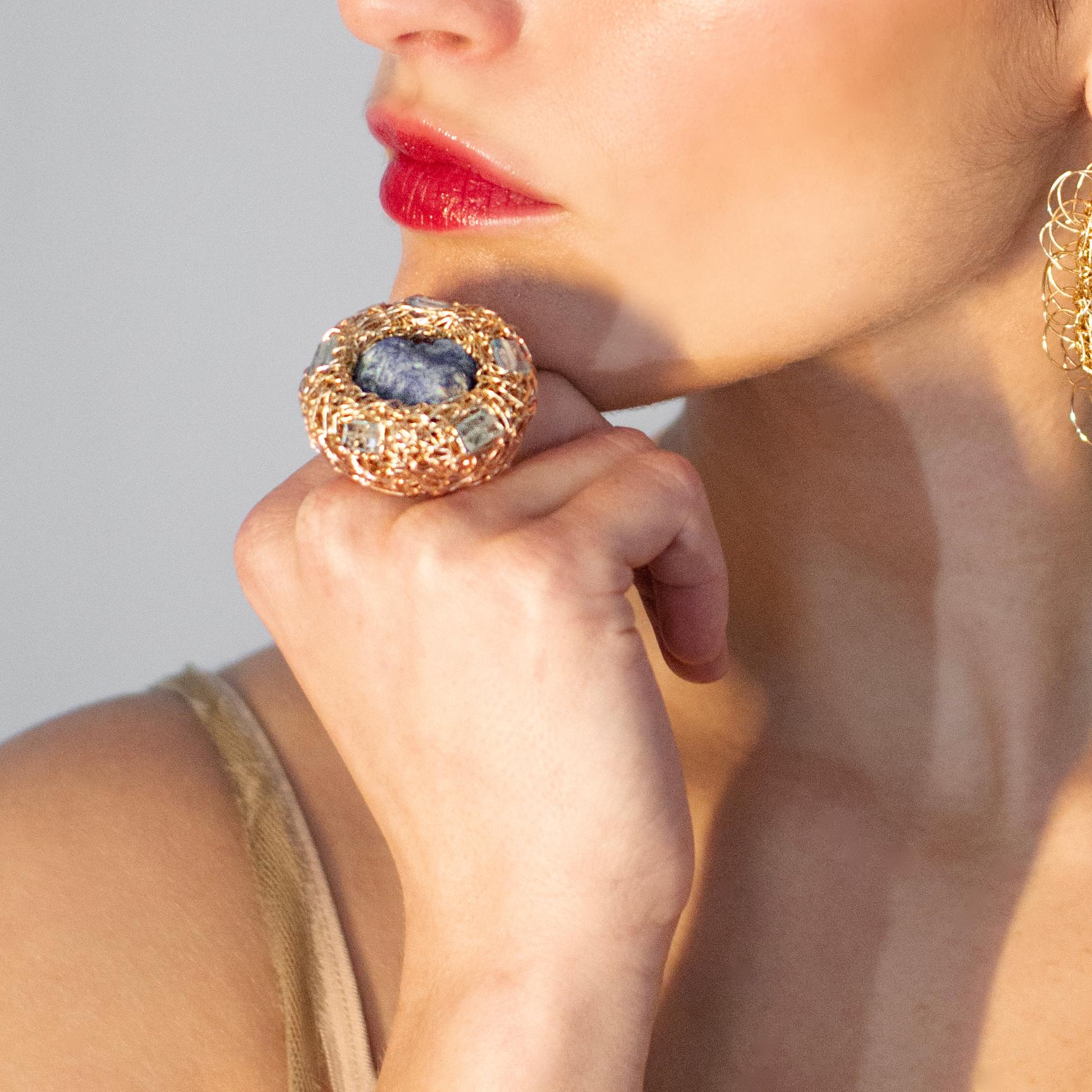 Rose Cut Blue Raw Azurite and Swiss Blue Topaz Artist Statement and Cocktail Ring For Sale