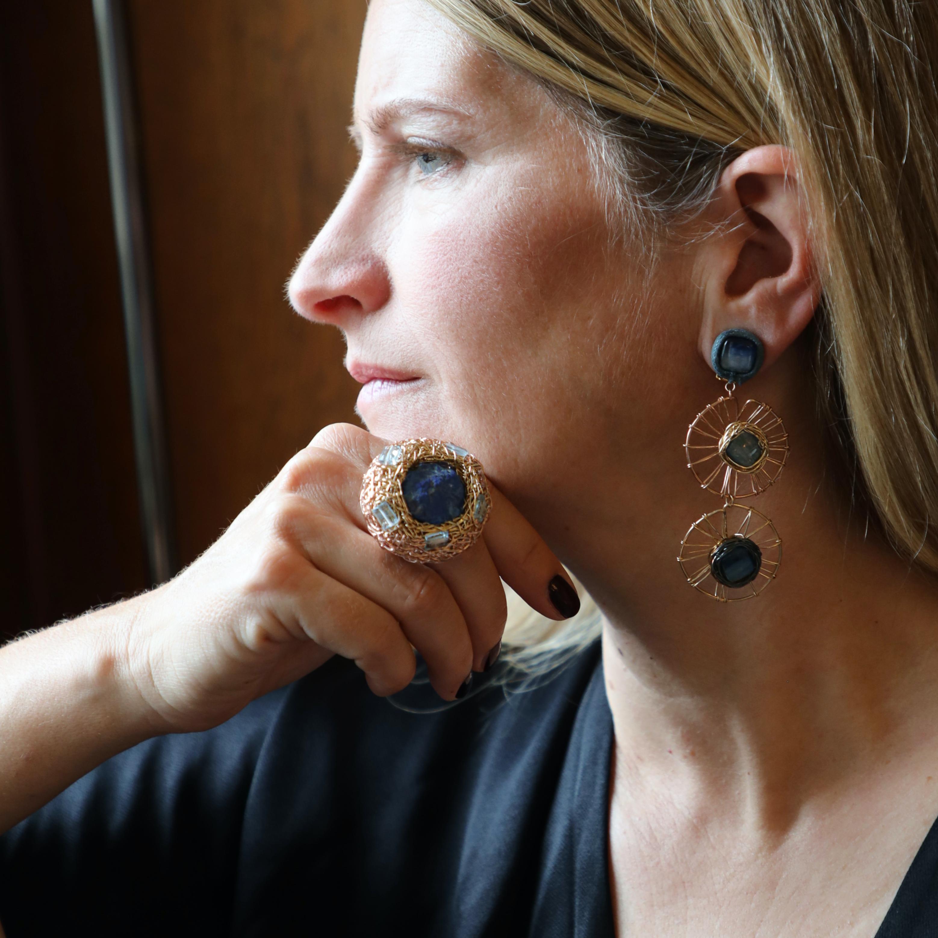 Blue Raw Azurite and Swiss Blue Topaz Artist Statement and Cocktail Ring For Sale 1