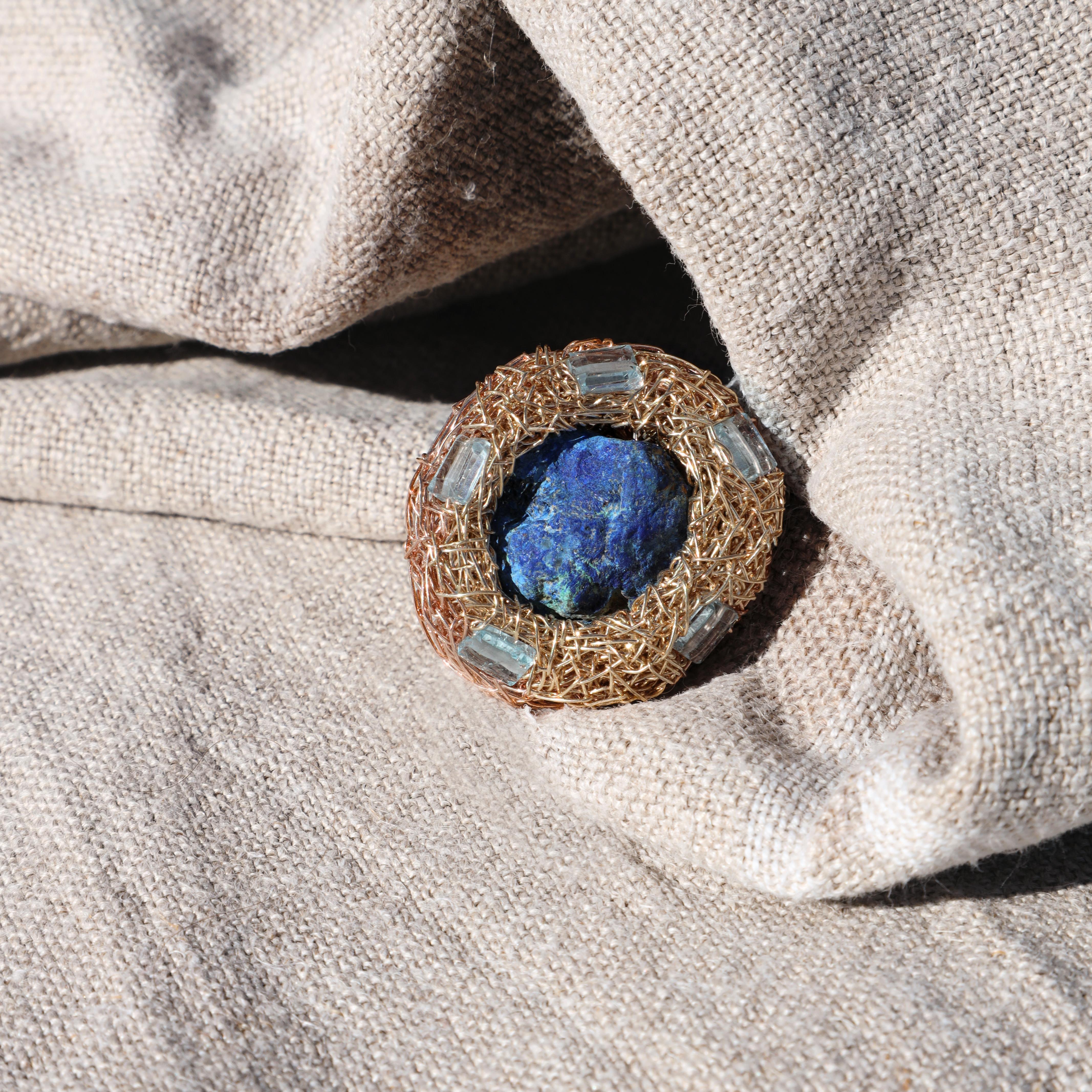 Blue Raw Azurite and Swiss Blue Topaz Artist Statement and Cocktail Ring For Sale 3