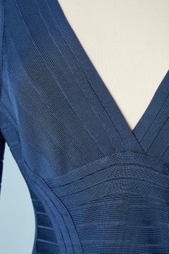 Blue rayon knit cocktail dress with strips Hervé Léger