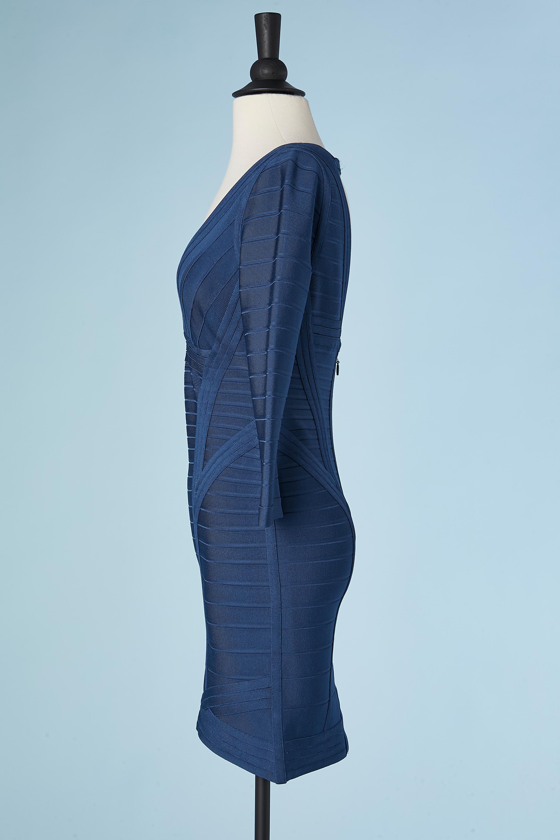 Women's Blue rayon knit cocktail dress with strips Hervé Léger  For Sale