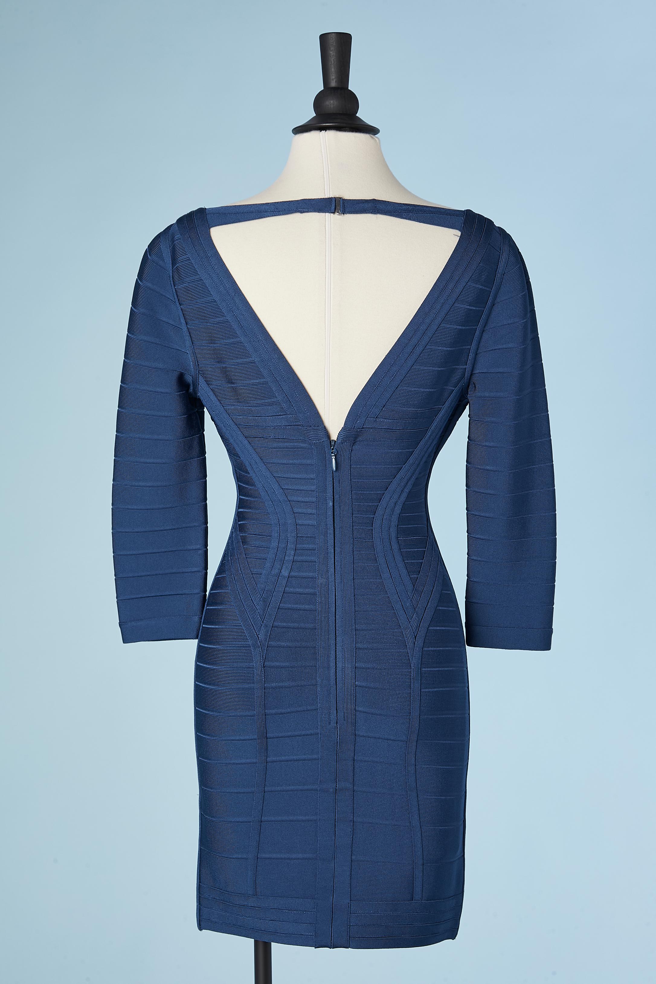 Blue rayon knit cocktail dress with strips Hervé Léger  For Sale 1