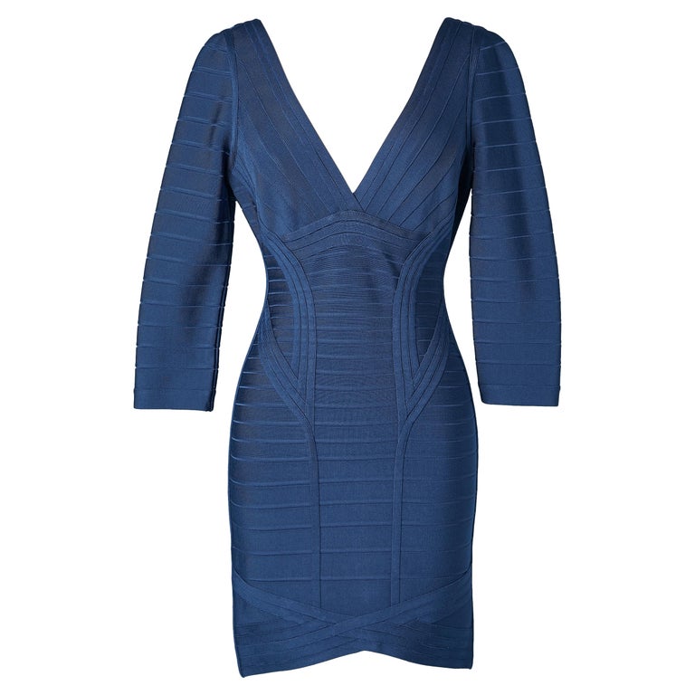 Blue rayon knit cocktail dress with strips Herv Lger For Sale at 1stDibs  | herve leger knit dress rayon