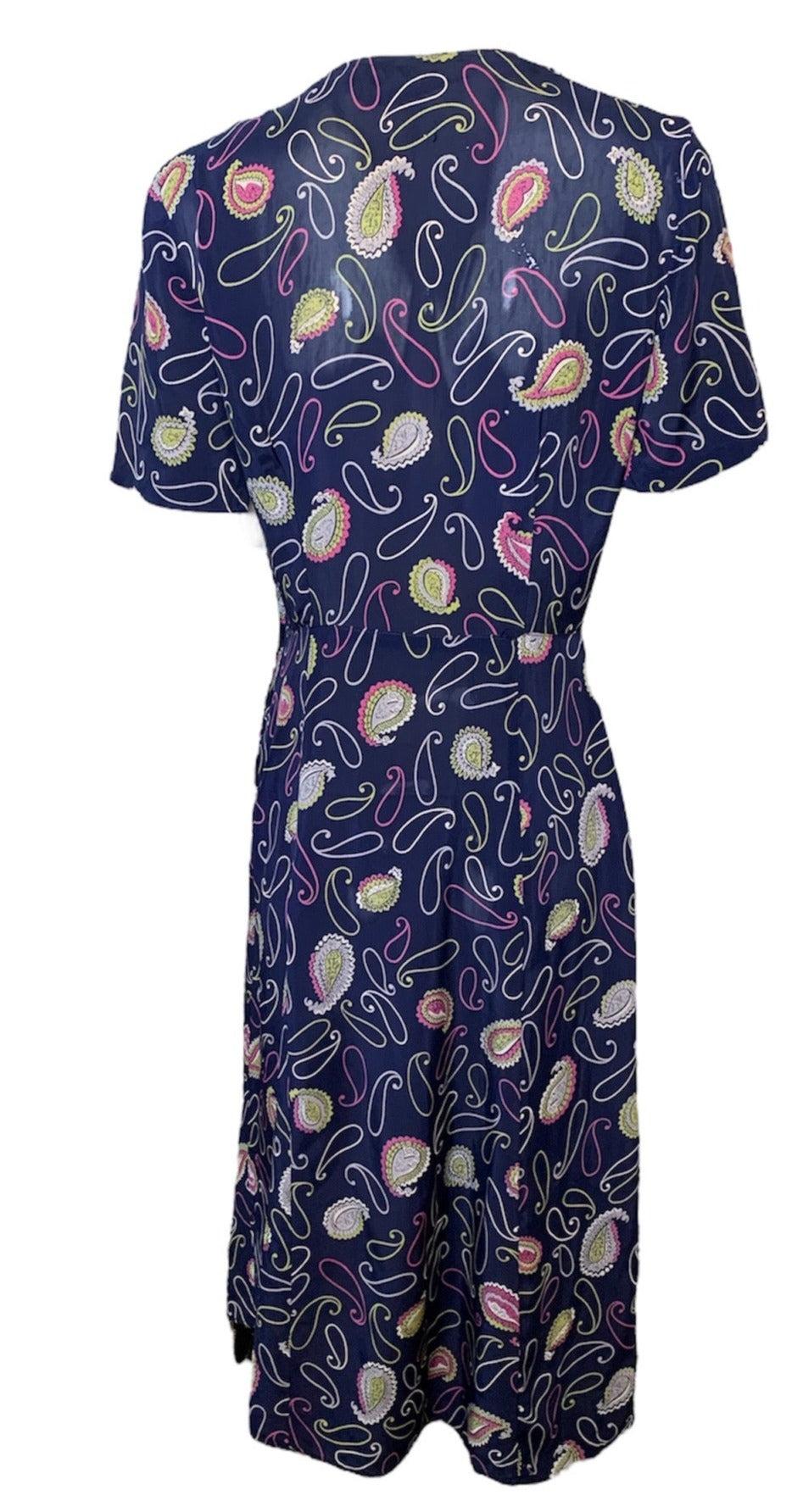 Black Blue Rayon Paisley Print Dress, 1940s For Sale