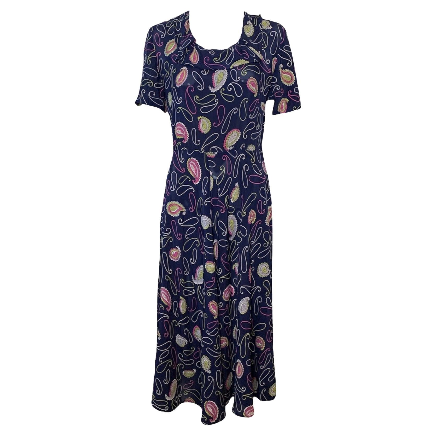 Blue Rayon Paisley Print Dress, 1940s For Sale