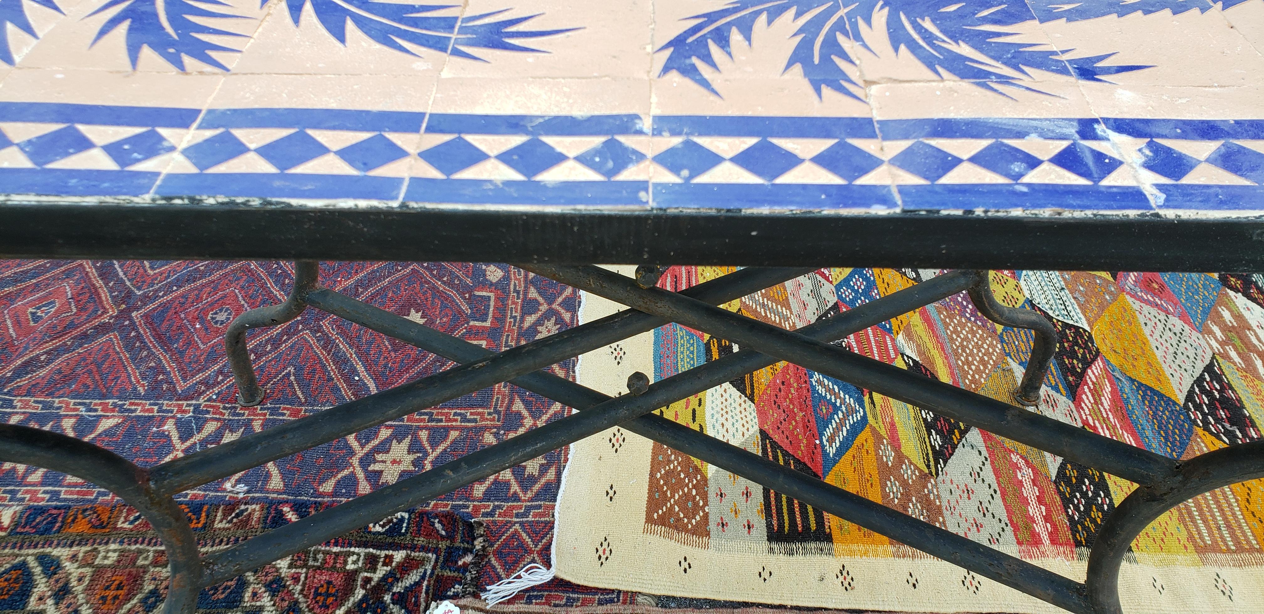 Glazed Blue Rectangular Moroccan Mosaic Dinning or Coffee Table, Tree of Life For Sale