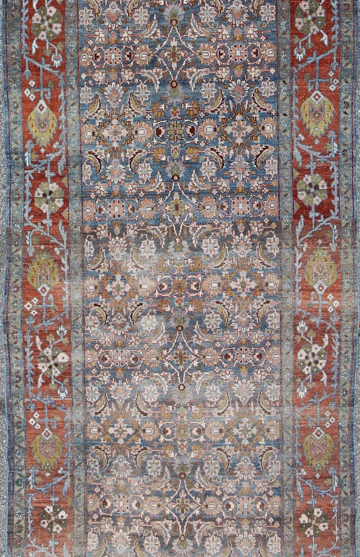 Hand-Knotted Blue, Red and Green Antique Persian Malayer Runner with Geometric Floral Design For Sale