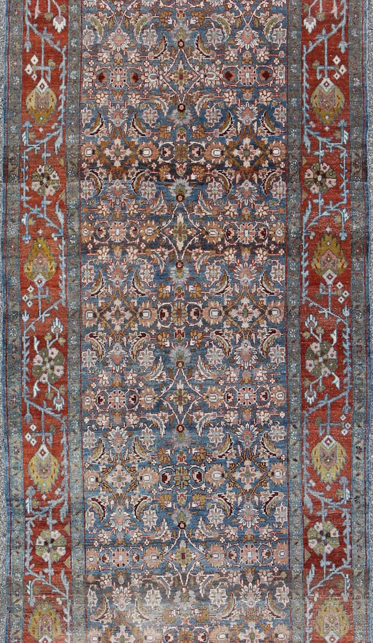 Blue, Red and Green Antique Persian Malayer Runner with Geometric Floral Design In Excellent Condition For Sale In Atlanta, GA