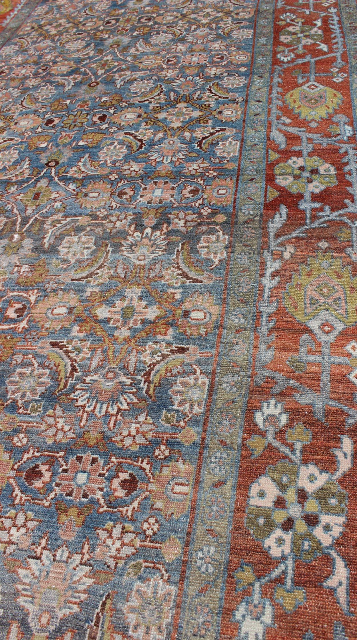 Wool Blue, Red and Green Antique Persian Malayer Runner with Geometric Floral Design For Sale