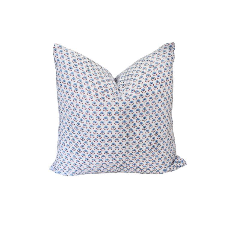 Custom created from fabric sourced from our talented artisans in India, these comfy down filled pillow will not disappoint. Each pillow is double sided in a lovely blue, red and white floral motif block print design. A down fill insert is included,