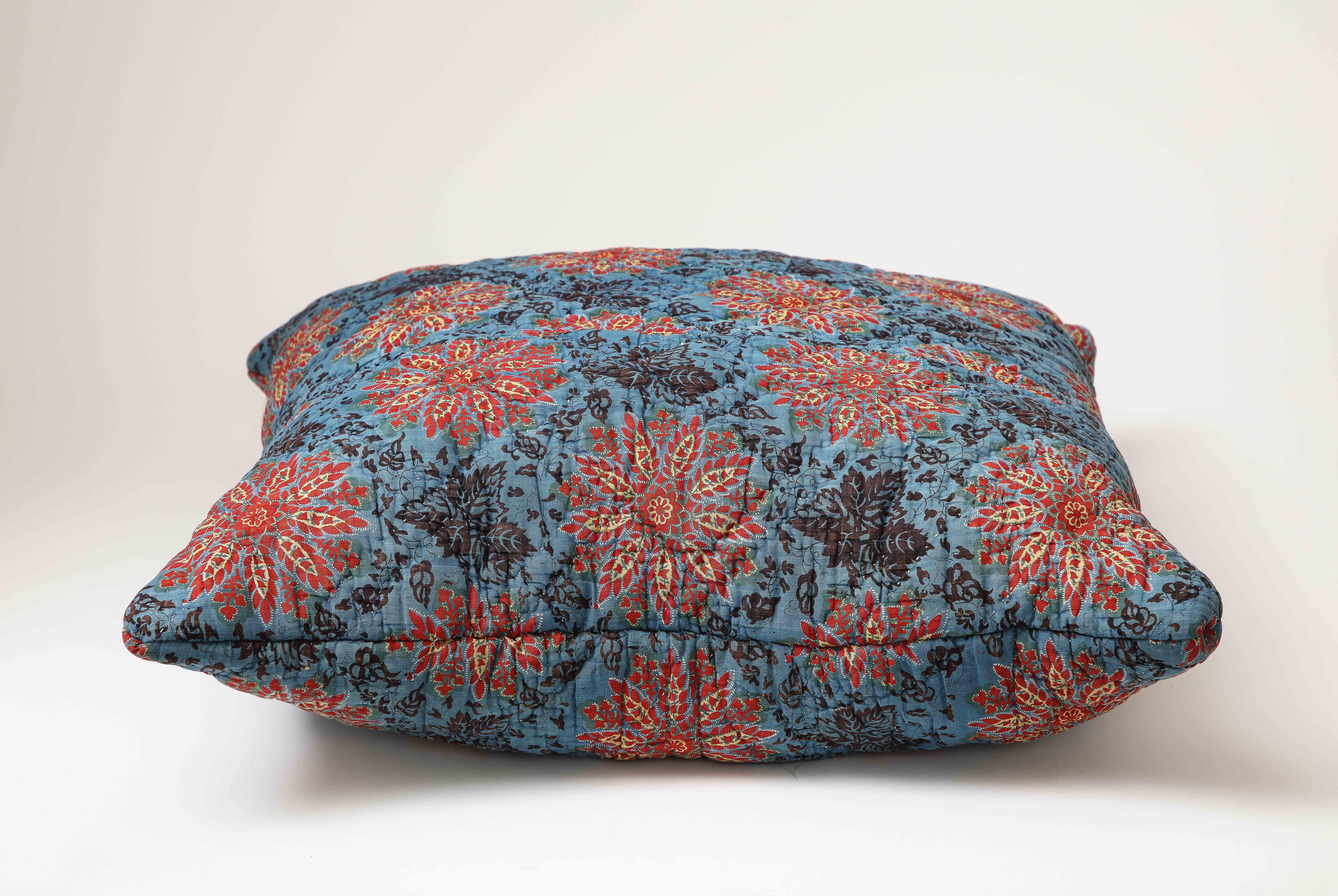 Contemporary Blue, Red, and Yellow Block Printed Floral Cotton 19th C. Textile Pillow For Sale