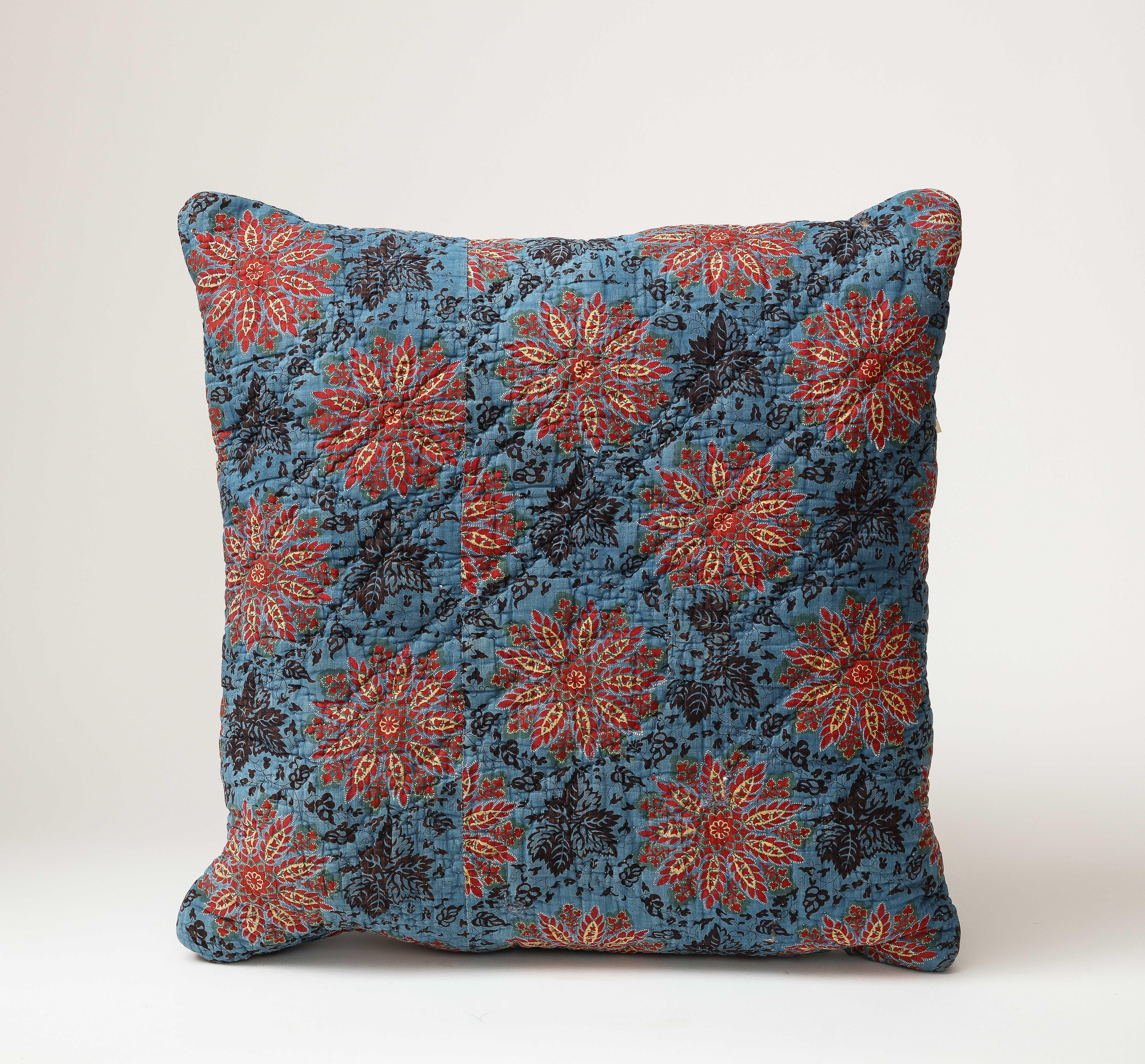 Blue, Red, and Yellow Block Printed Floral Cotton 19th C. Textile Pillow For Sale 1