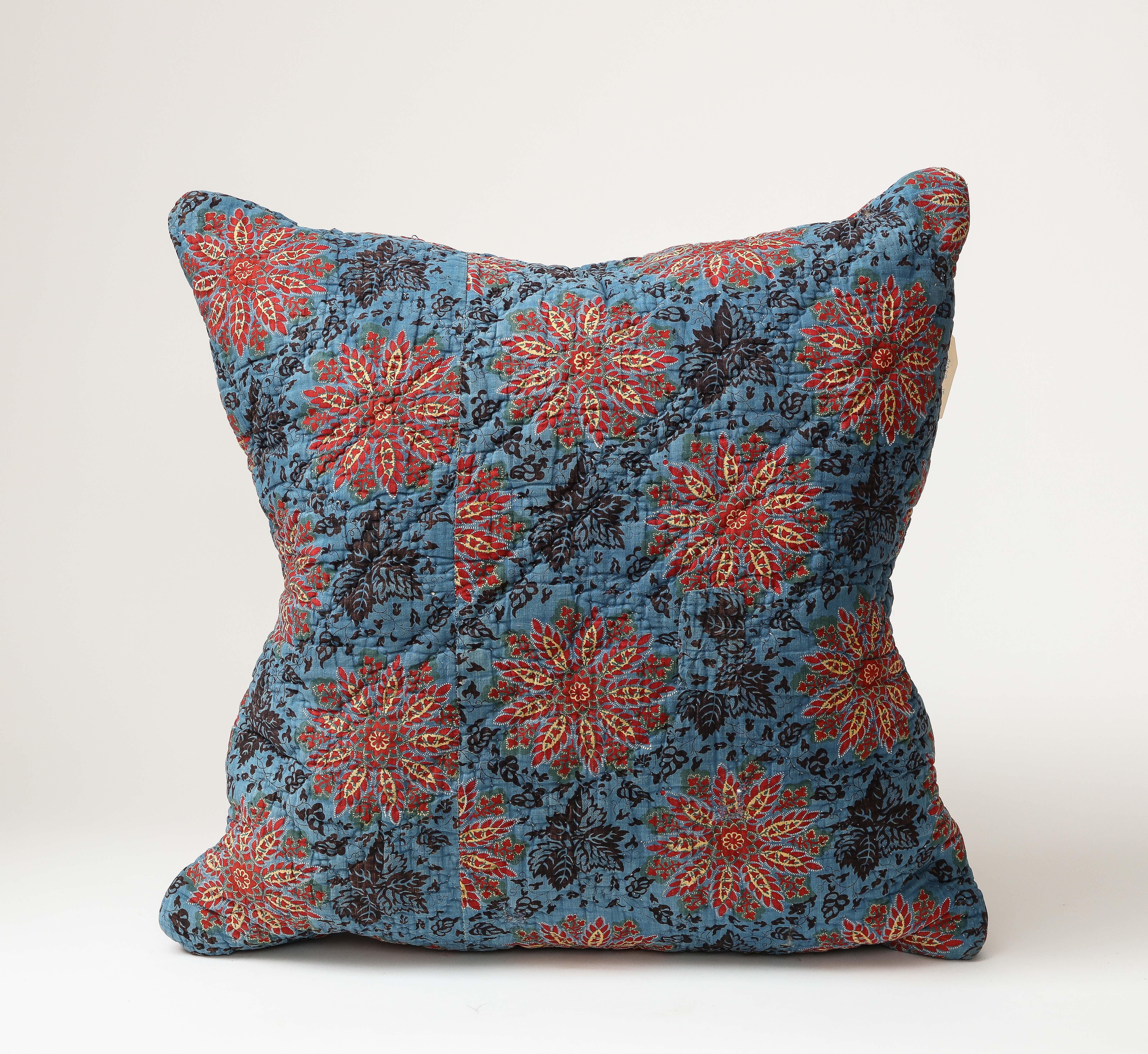 Blue, Red, and Yellow Block Printed Floral Cotton 19th C. Textile Pillow For Sale 2