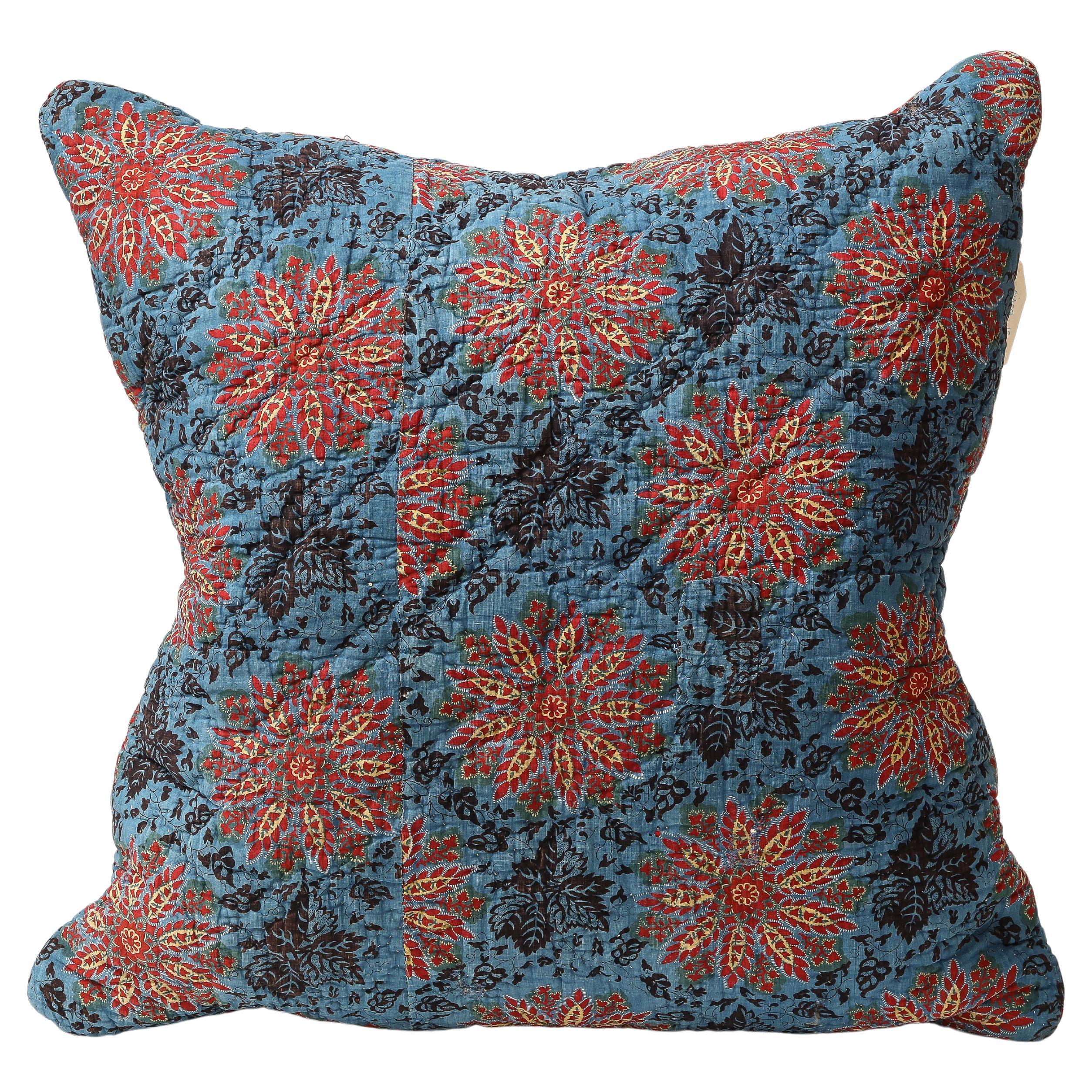 Blue, Red, and Yellow Block Printed Floral Cotton 19th C. Textile Pillow For Sale