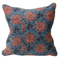 Blue, Red, and Yellow Block Printed Floral Cotton 19th C. Textile Pillow