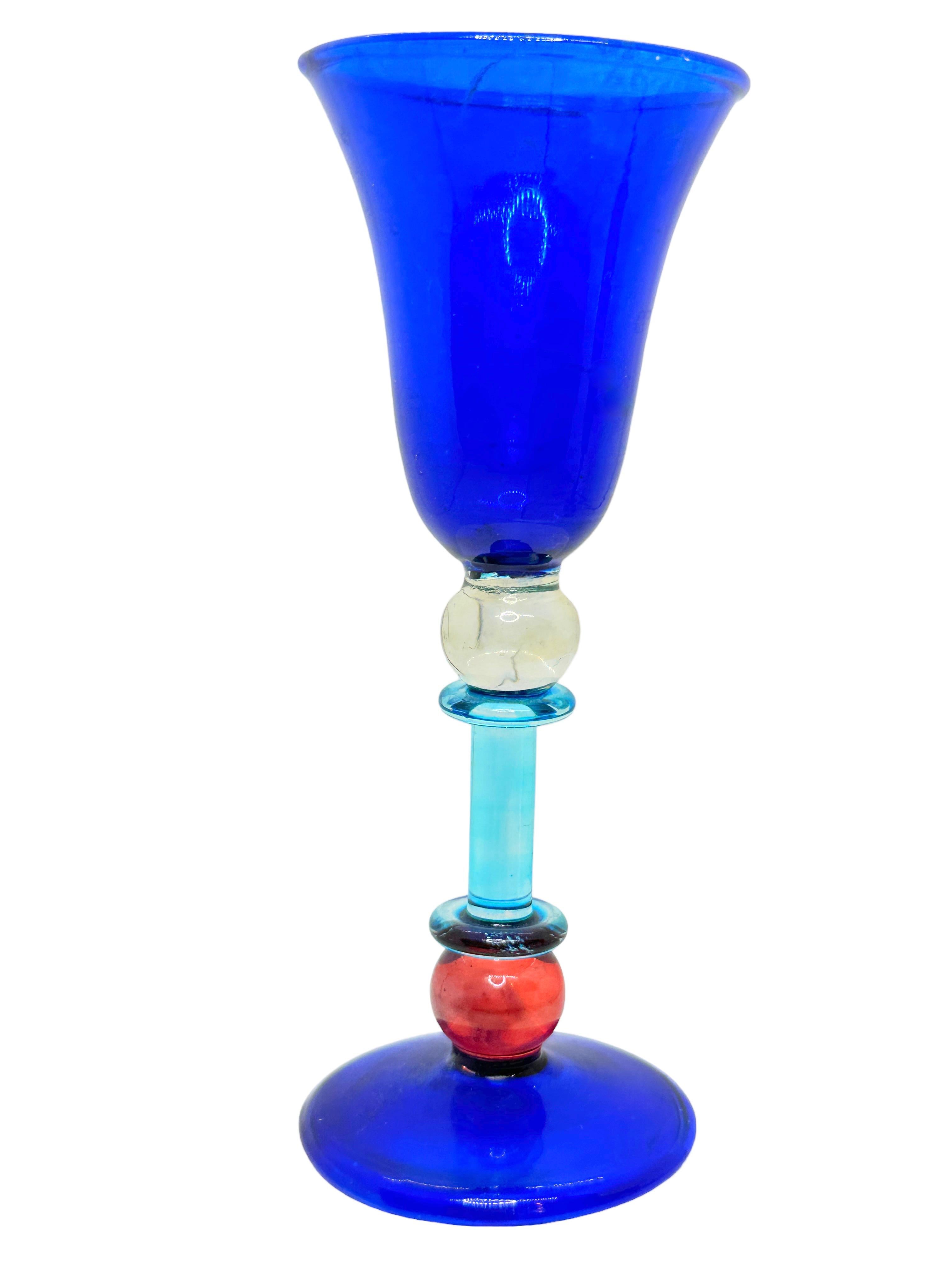 Renaissance Blue Red Clear Salviati Murano Glass Liqueur Goblet, Vintage Italy  For Sale