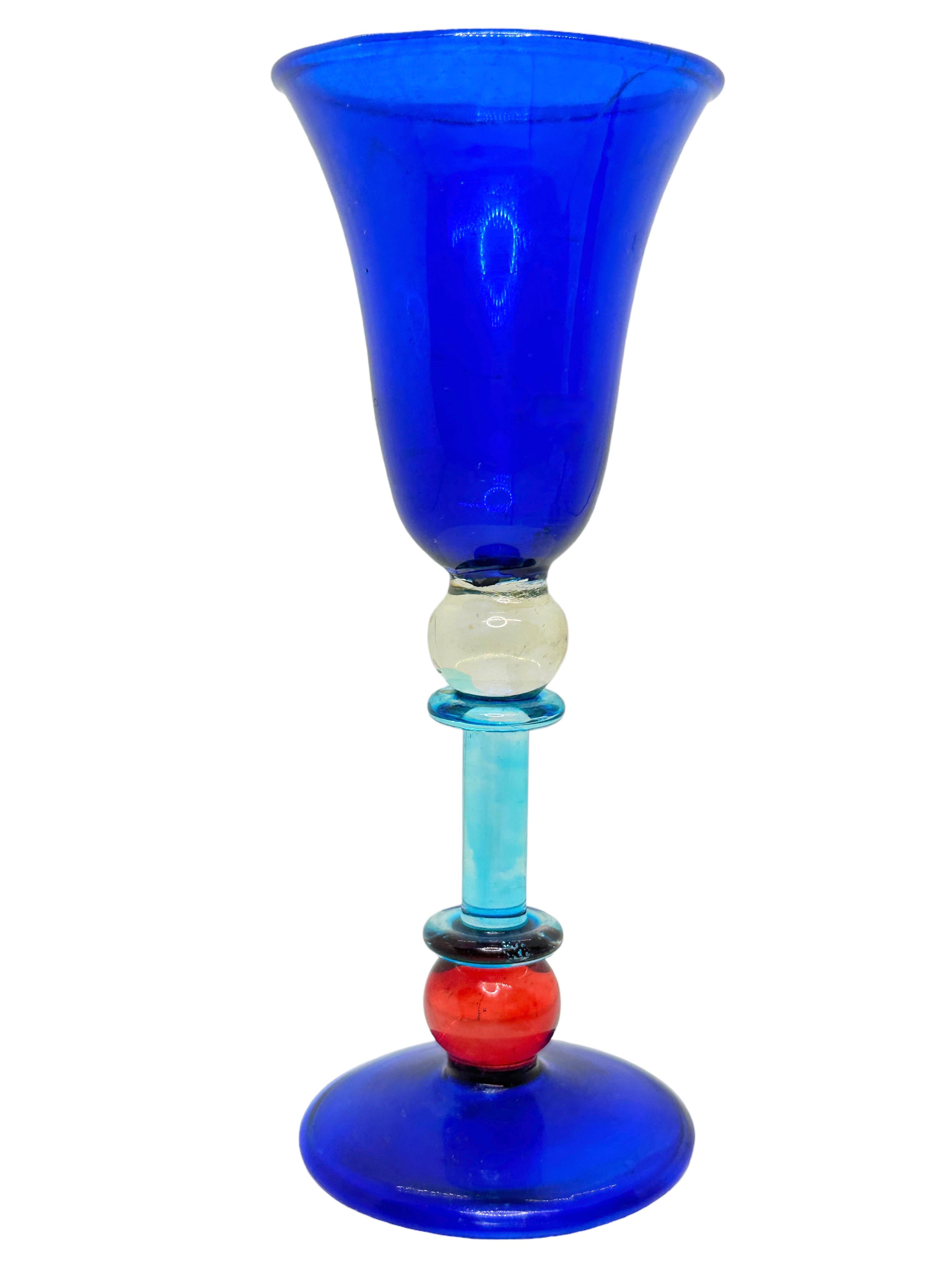 Italian Blue Red Clear Salviati Murano Glass Liqueur Goblet, Vintage Italy  For Sale