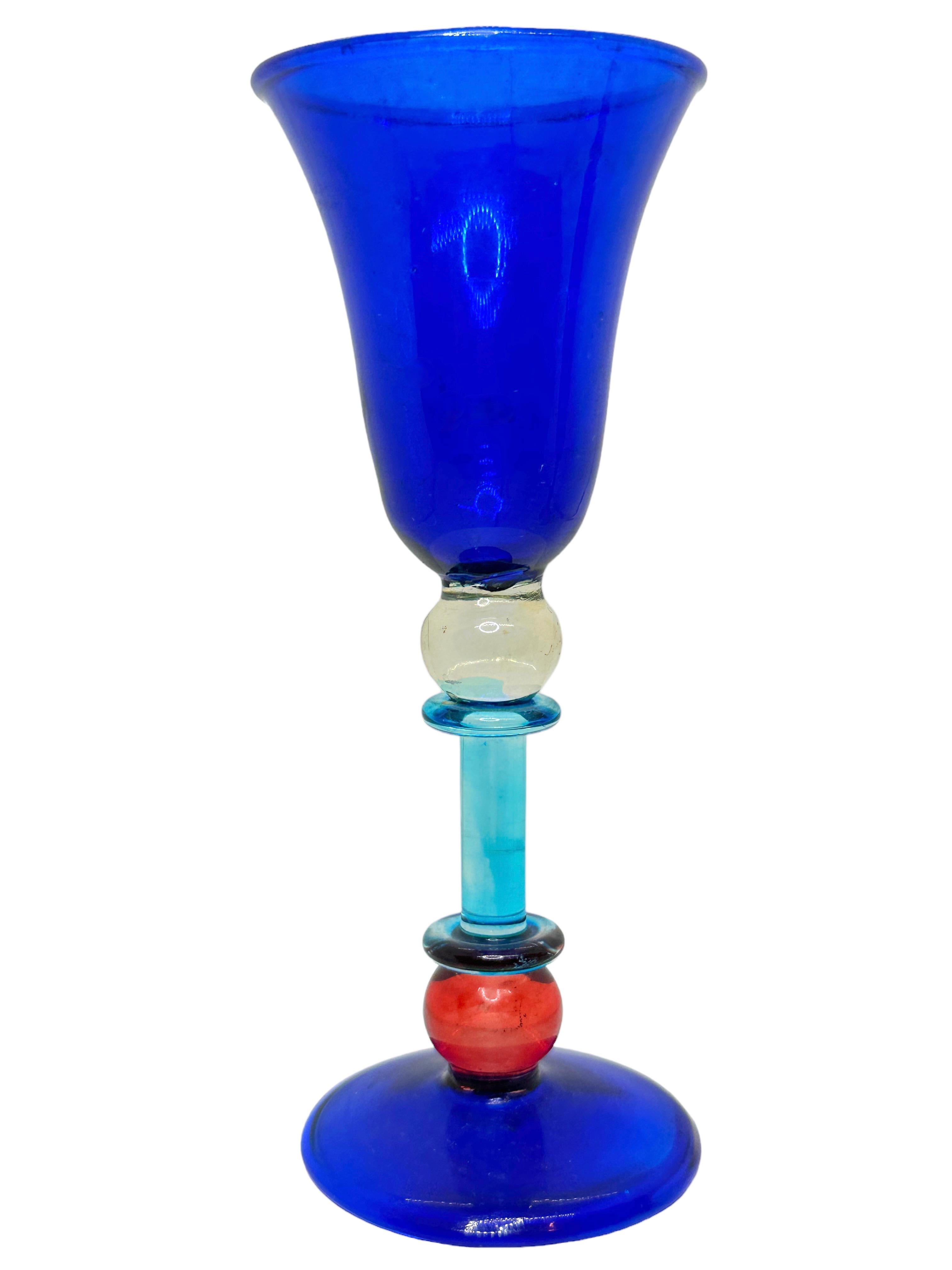 Hand-Crafted Blue Red Clear Salviati Murano Glass Liqueur Goblet, Vintage Italy  For Sale