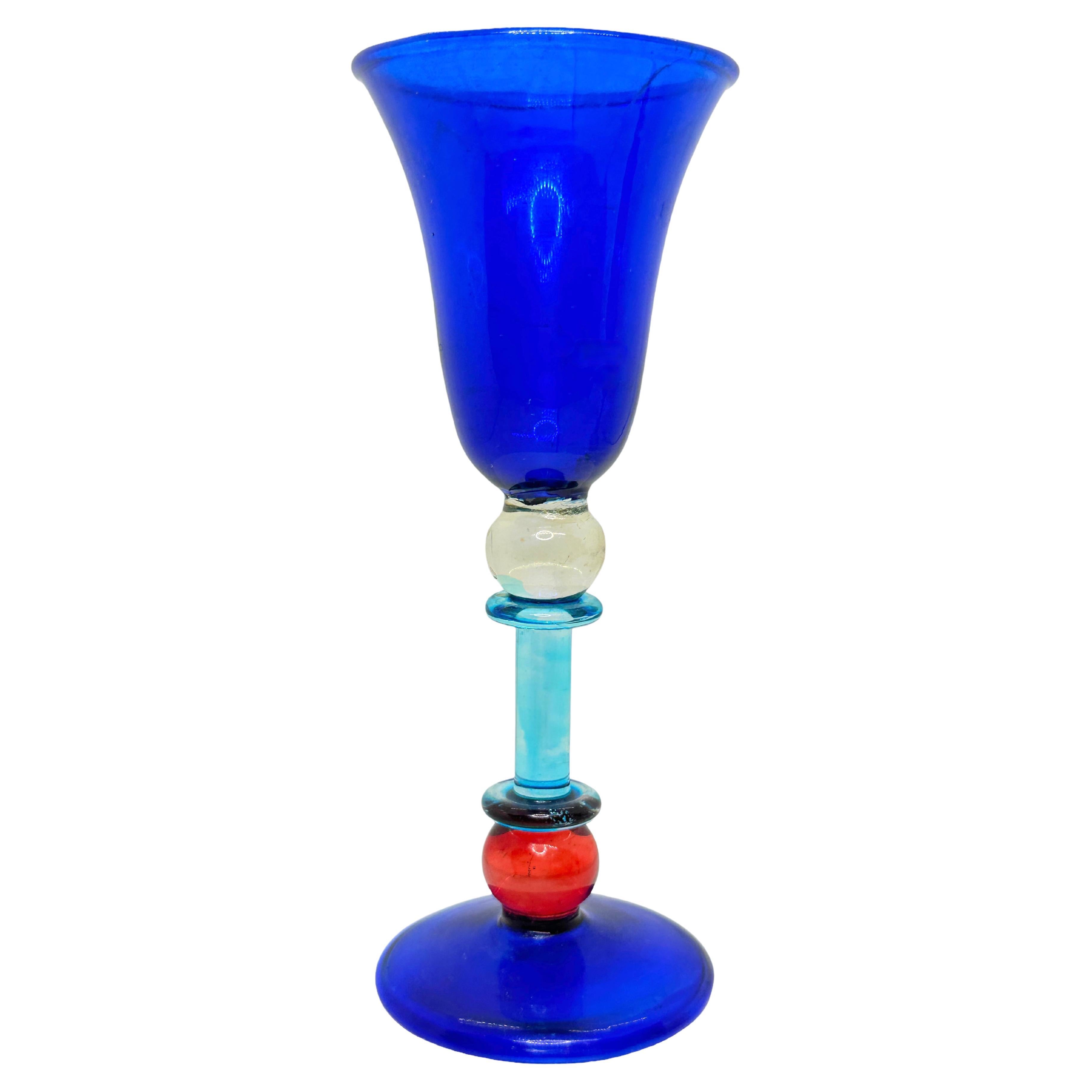Blue Red Clear Salviati Murano Glass Liqueur Goblet, Vintage Italy 