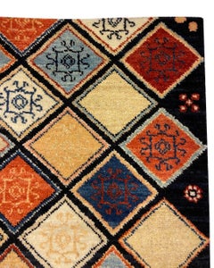 Blue, Red, Coral, Cream, and Gold Persian Rug with Geometric Motifs, 2' x 3'