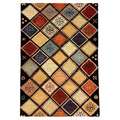 Blue, Red, Coral, Cream, and Gold Persian Rug with Geometric Motifs, 2' x 3'