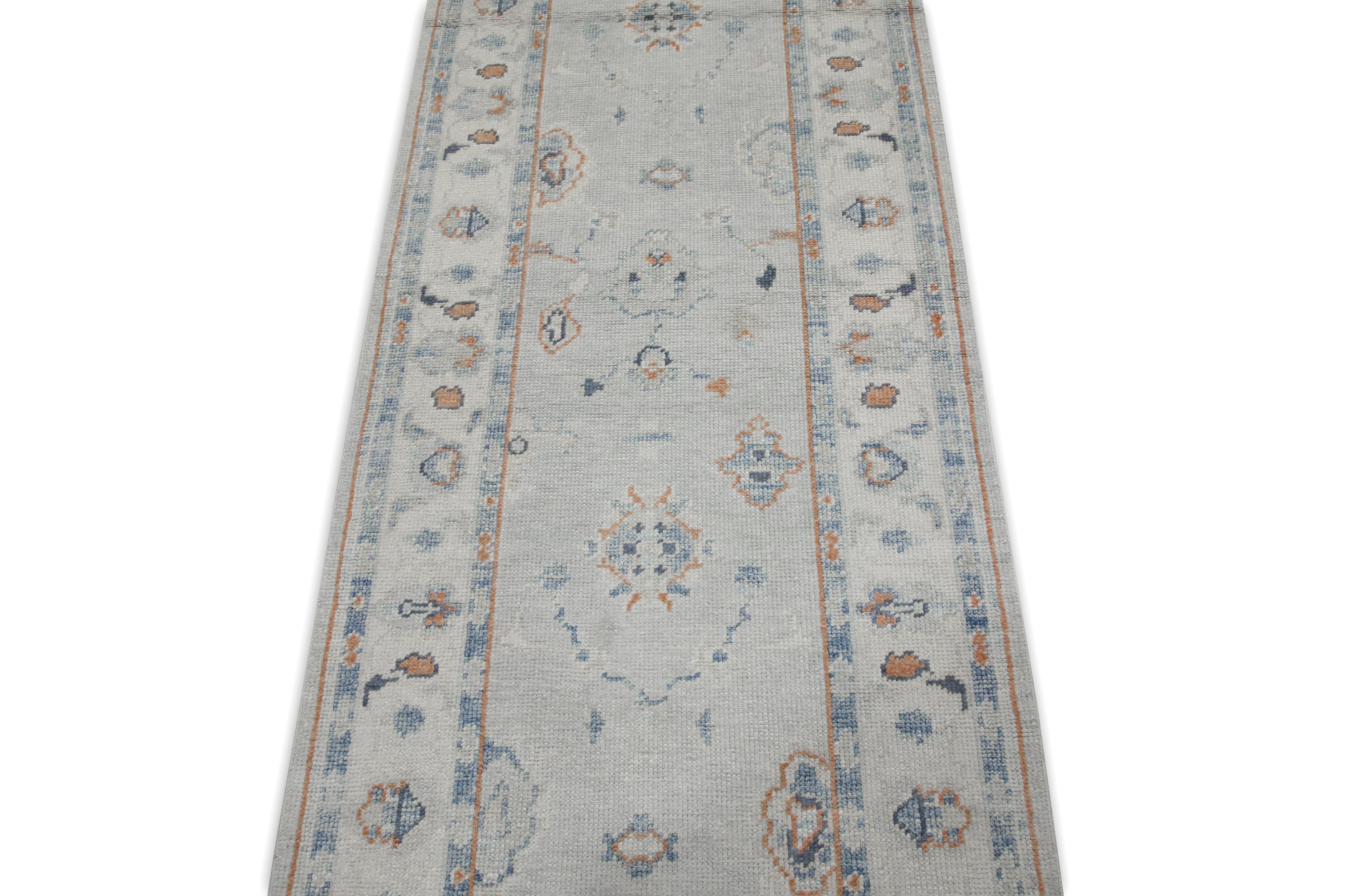Contemporary Blue & Red Floral Design Handwoven Wool Turkish Oushak Runner 2'9