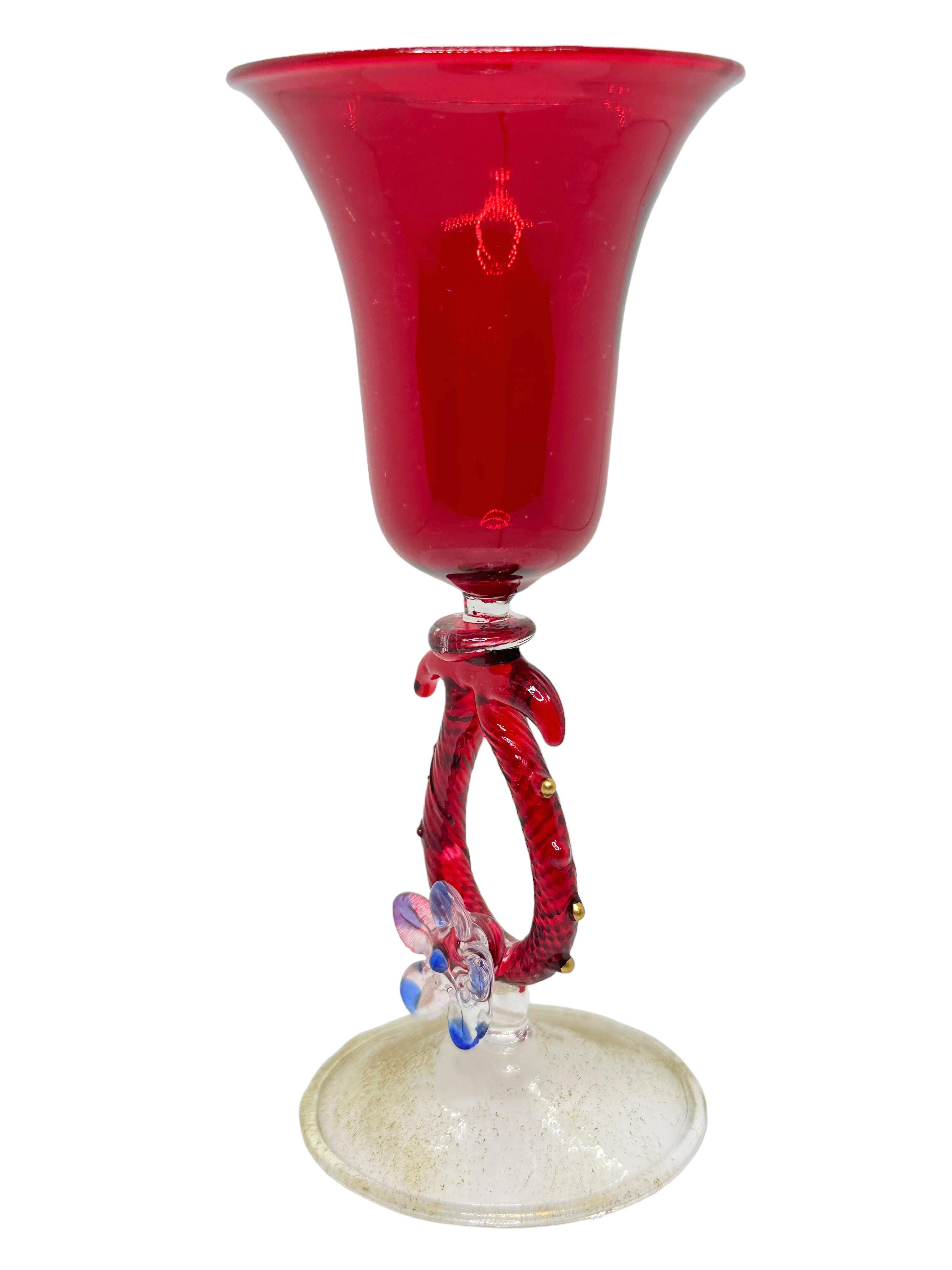 Italian Blue Red Gold Stardust Salviati Murano Glass Liqueur Goblet, Vintage Italy  For Sale