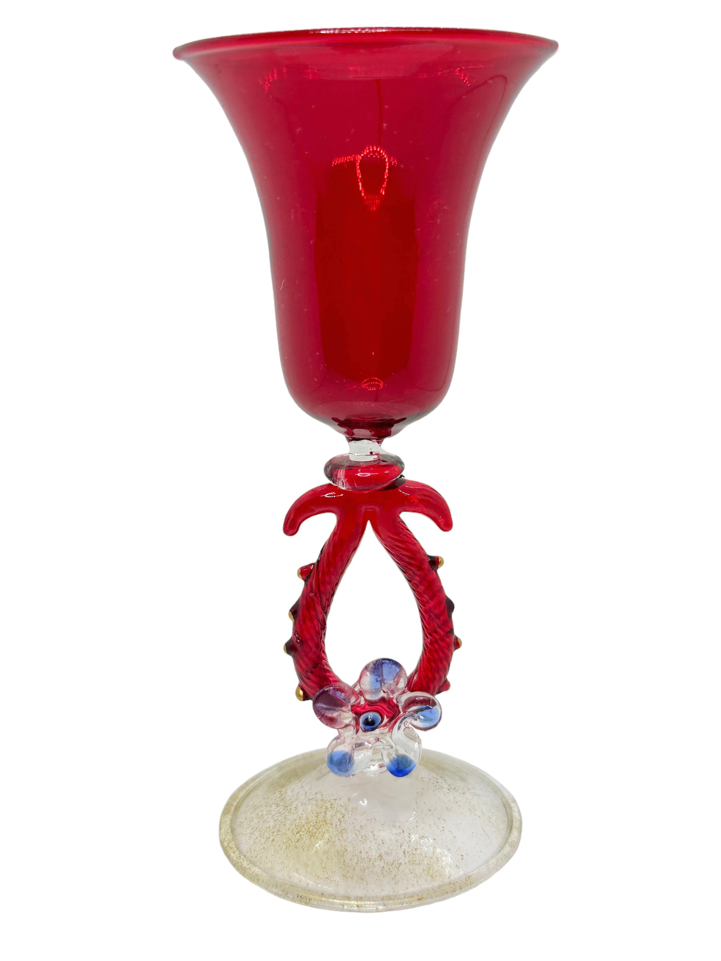 Hand-Crafted Blue Red Gold Stardust Salviati Murano Glass Liqueur Goblet, Vintage Italy  For Sale