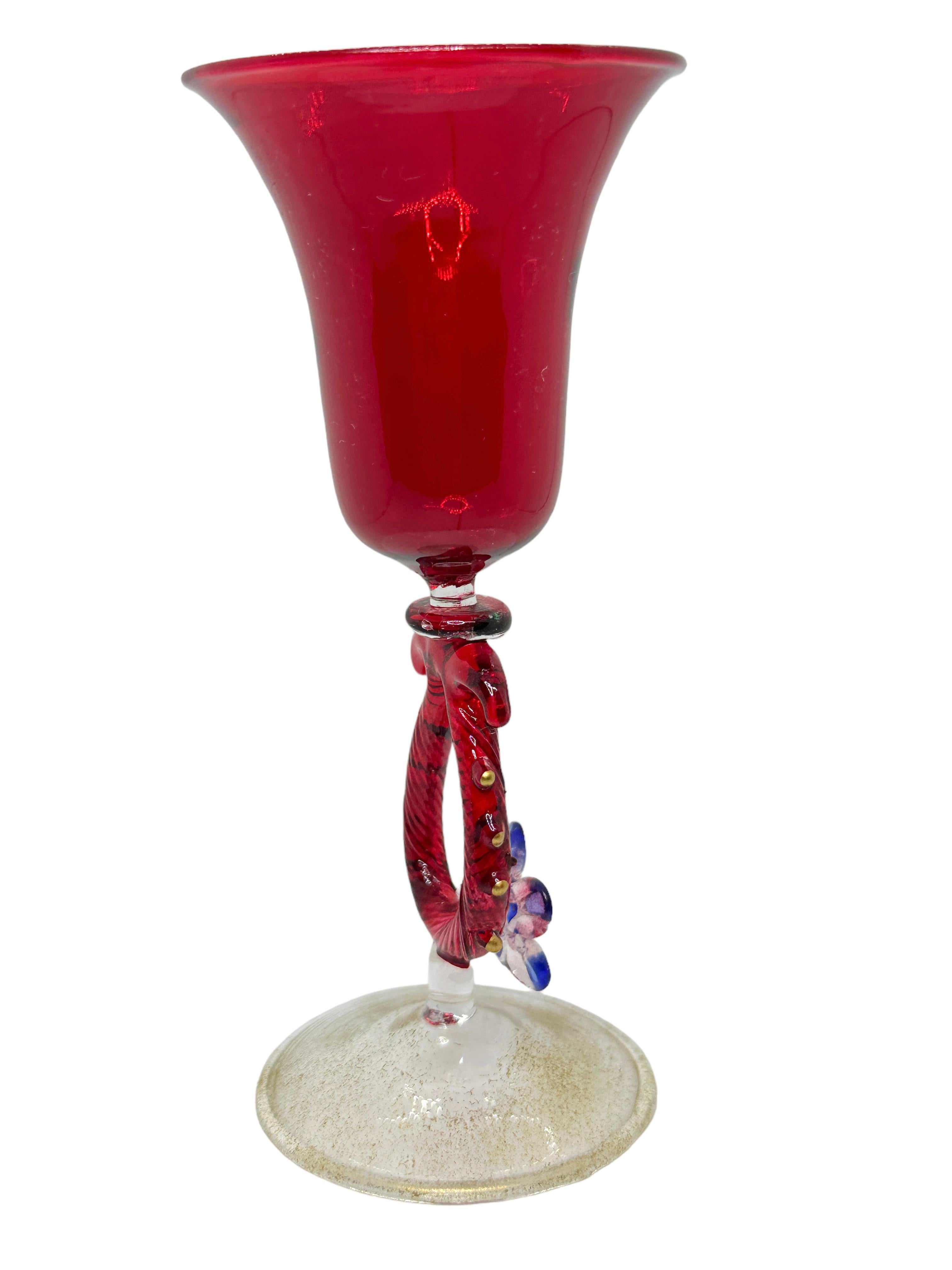 Blue Red Gold Stardust Salviati Murano Glass Liqueur Goblet, Vintage Italy  In Good Condition For Sale In Nuernberg, DE