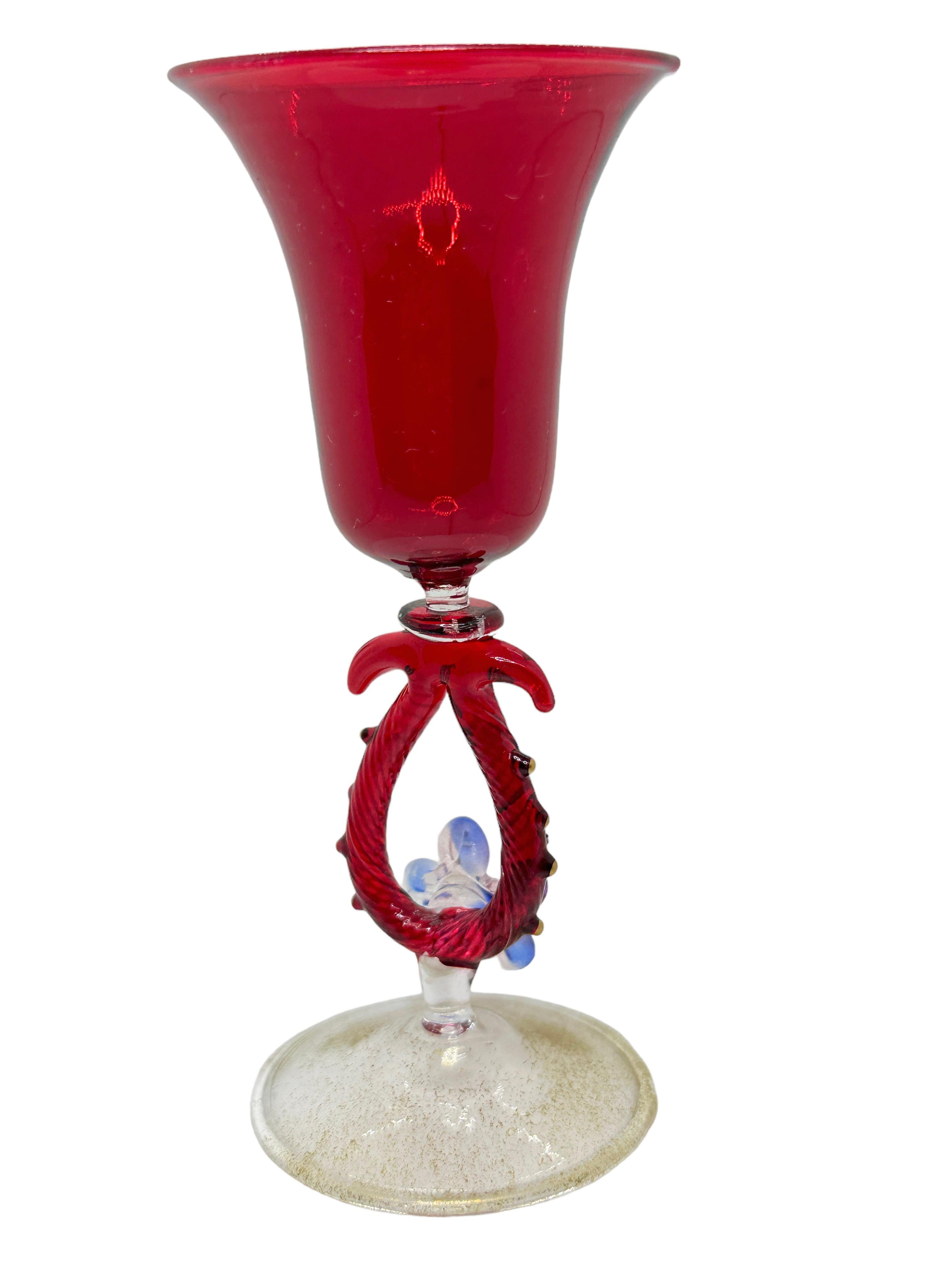 20th Century Blue Red Gold Stardust Salviati Murano Glass Liqueur Goblet, Vintage Italy  For Sale