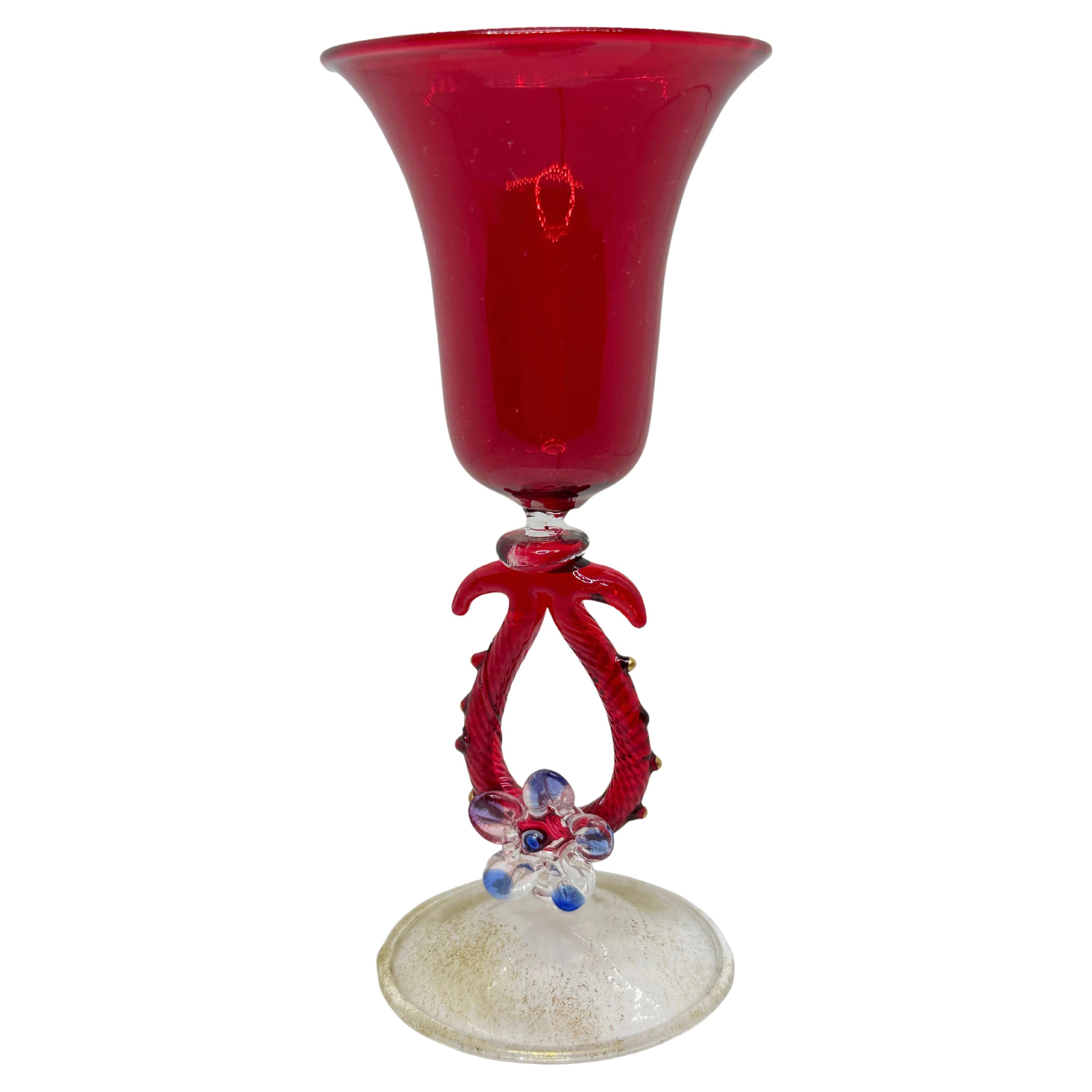 Blue Red Gold Stardust Salviati Murano Glass Liqueur Goblet, Vintage Italy 