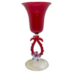 Blue Red Gold Stardust Salviati Murano Glass Liqueur Goblet, Antique Italy 
