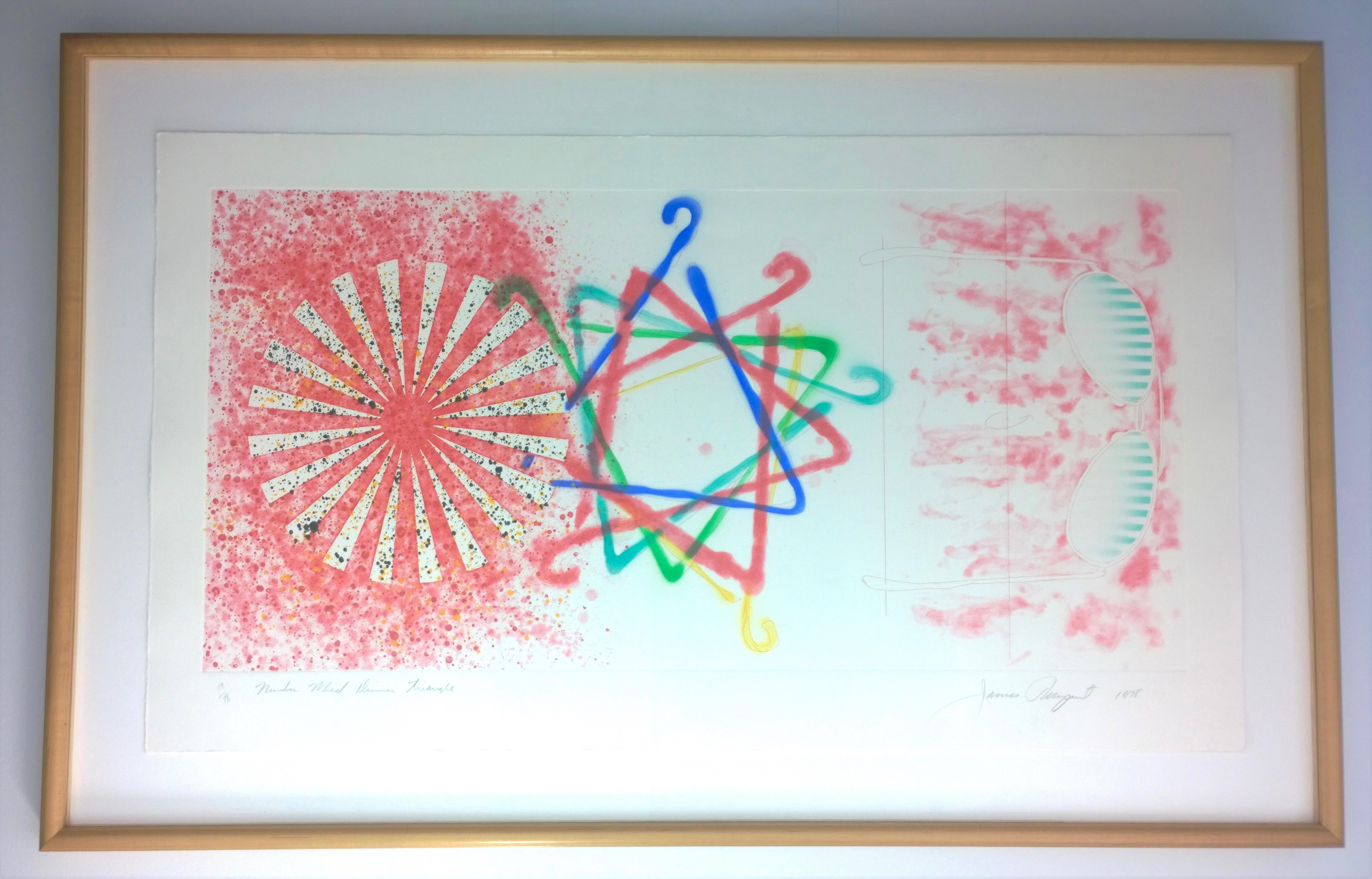 Offered is a newly framed Mid-Century Modern Pop Art signed and numbered James Rosenquist color etching, photo-etching aquatint, Number Wheel Dinner Triangle, 1978 in green, blue, yellow and red. This etching is pencil signed, James Rosenquist,