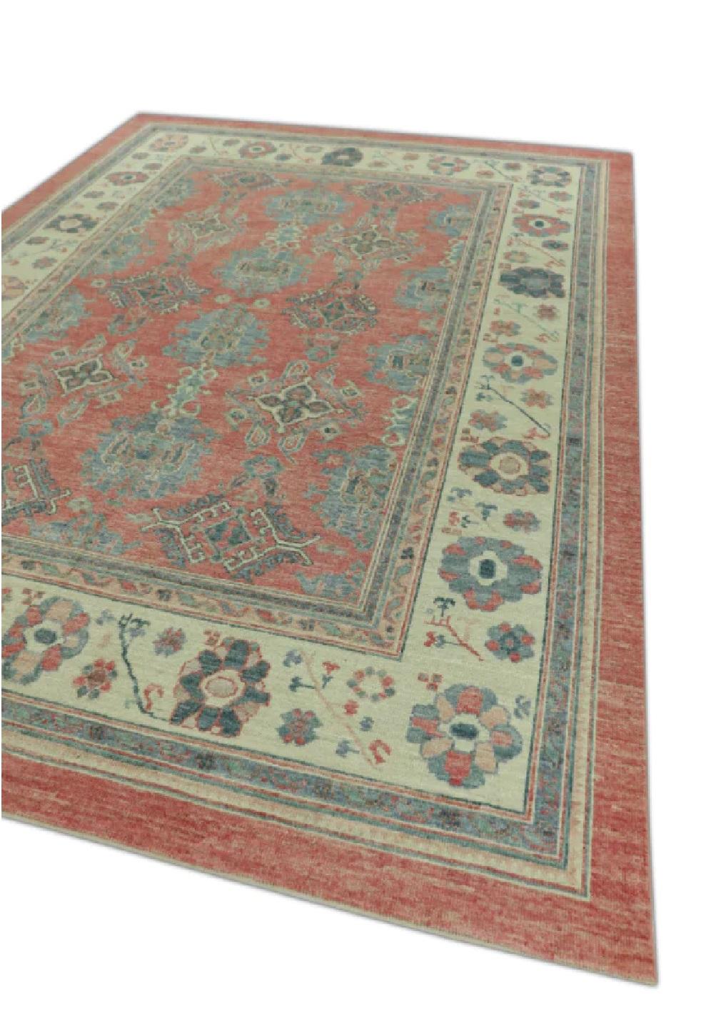 Türkischer Oushak-Teppich aus handgewebter Wolle in Blau & Rot 9'1