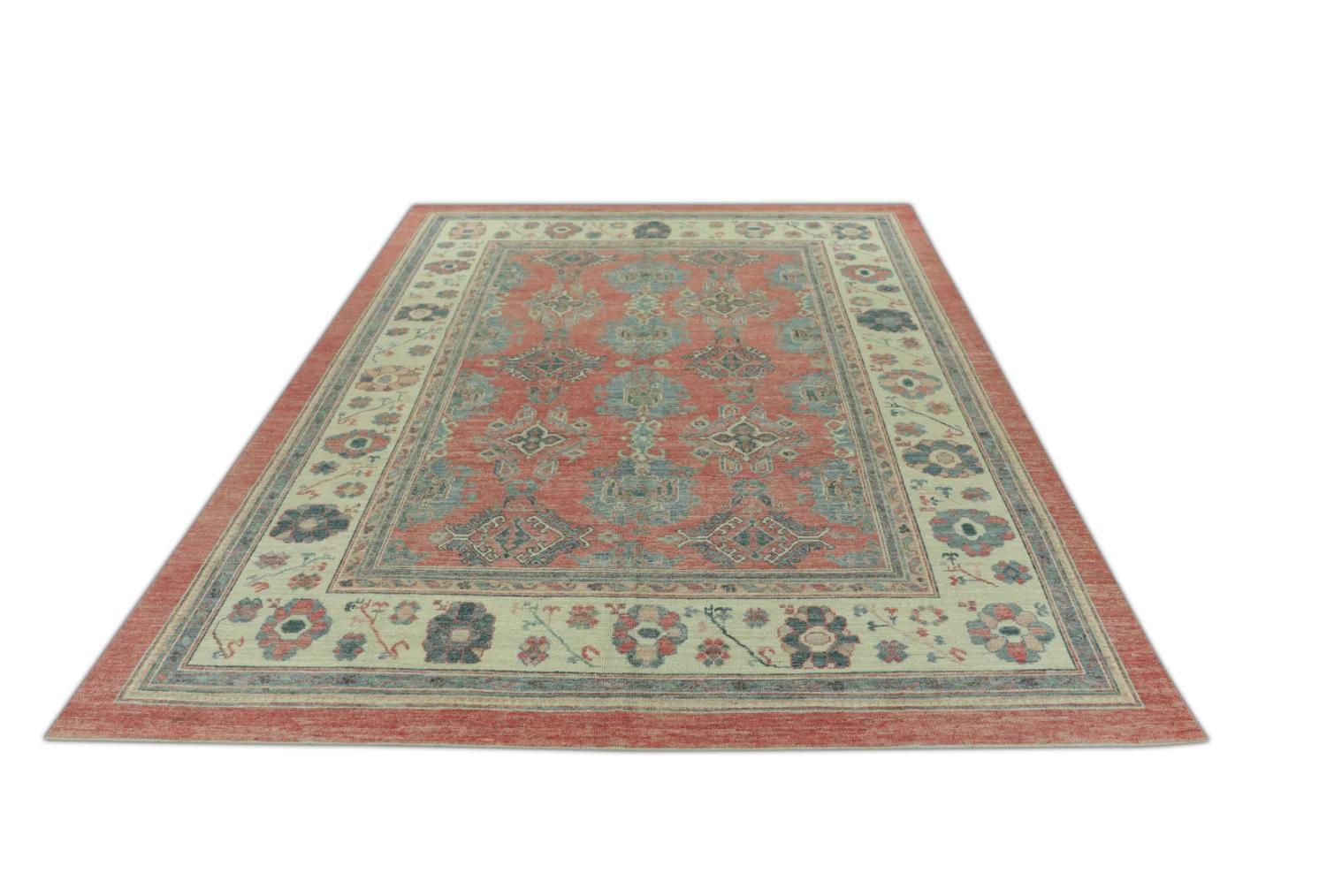 Contemporary Blue & Red Handwoven Wool Turkish Oushak Rug 9'1