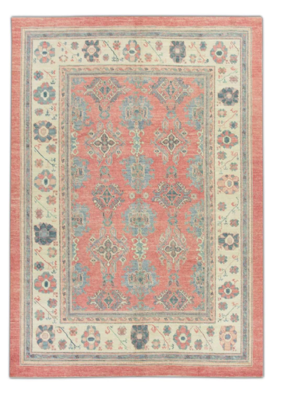 Türkischer Oushak-Teppich aus handgewebter Wolle in Blau & Rot 9'1