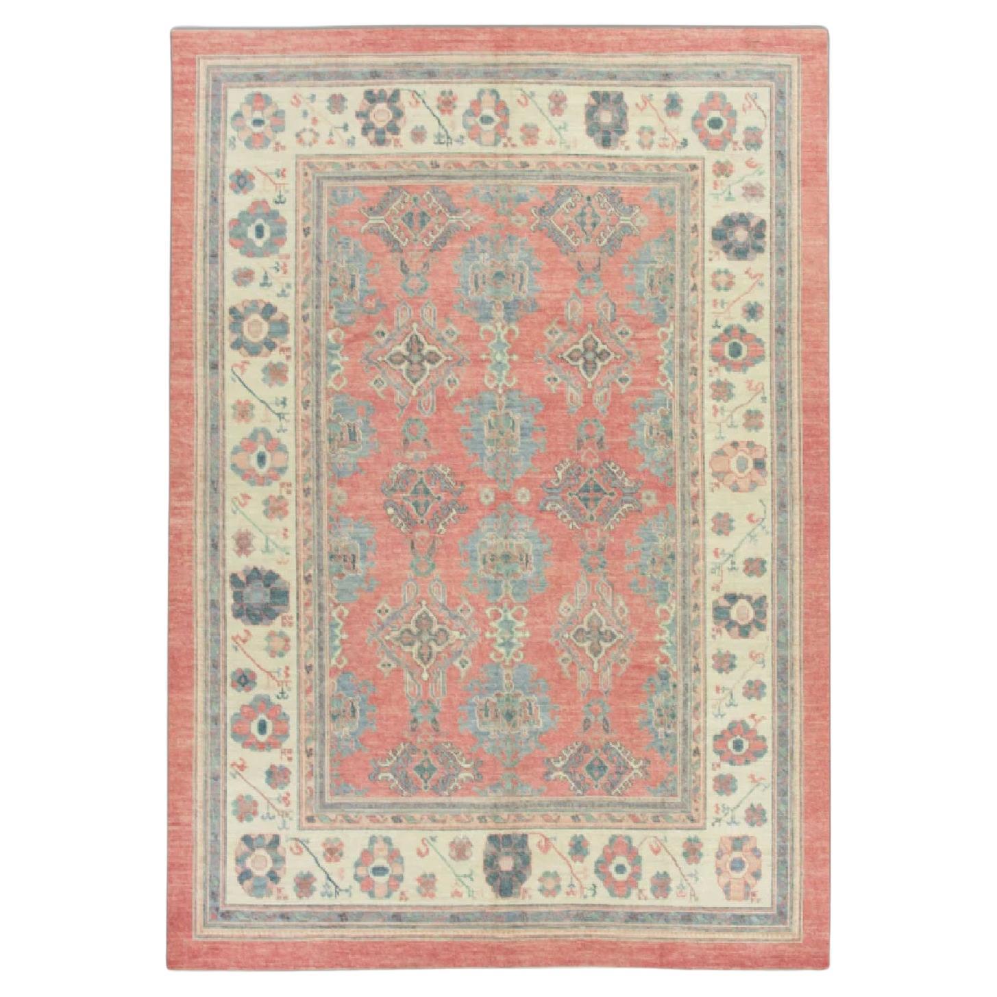 Blue & Red Handwoven Wool Turkish Oushak Rug 9'1" x 11'7" For Sale