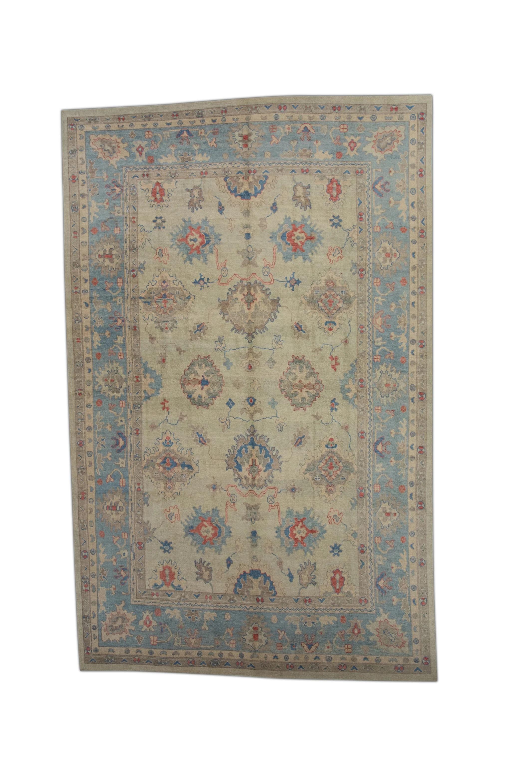 Contemporary Blue & Red Handwoven Wool Turkish Oushak Rug 9'10
