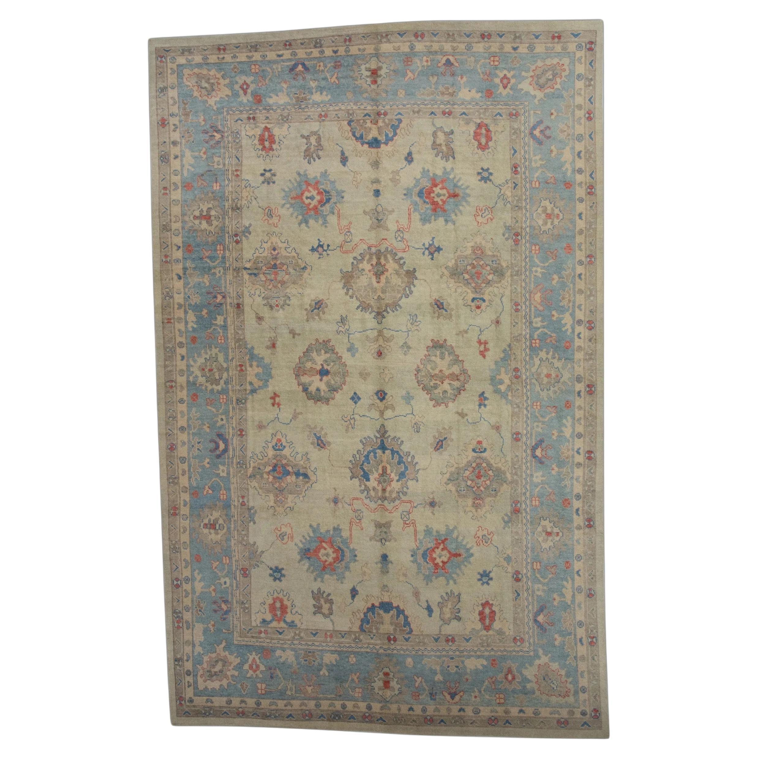 Blue & Red Handwoven Wool Turkish Oushak Rug 9'10" x 15'9" For Sale