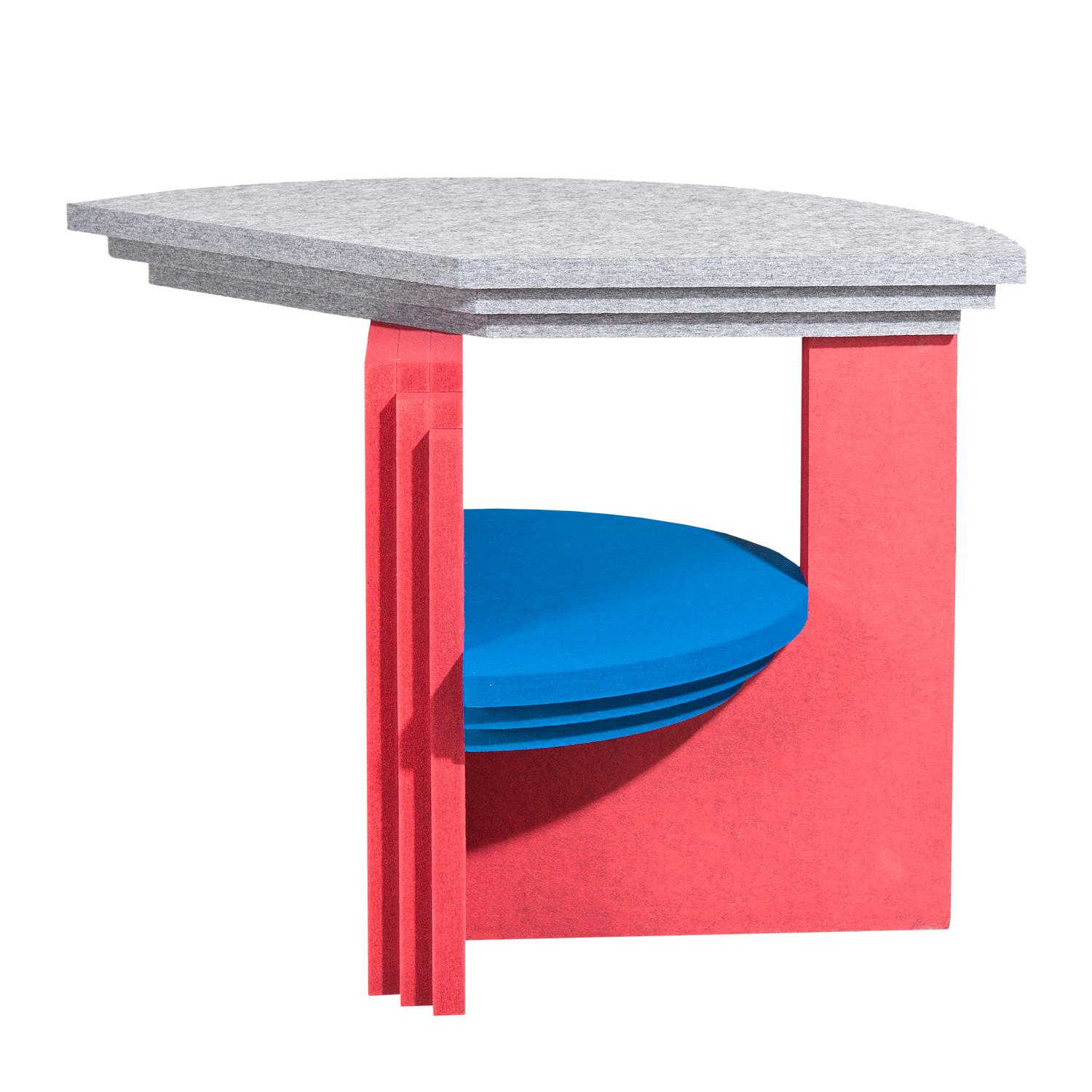 Blue red Kandinsky sound absorbing table by Marie Aigner.

This table has also an acoustical effectiveness and hereby melts 2 functions with design. The elemental parts are cutout of highly compressed, 25 mm thick panels, produced out of 100%