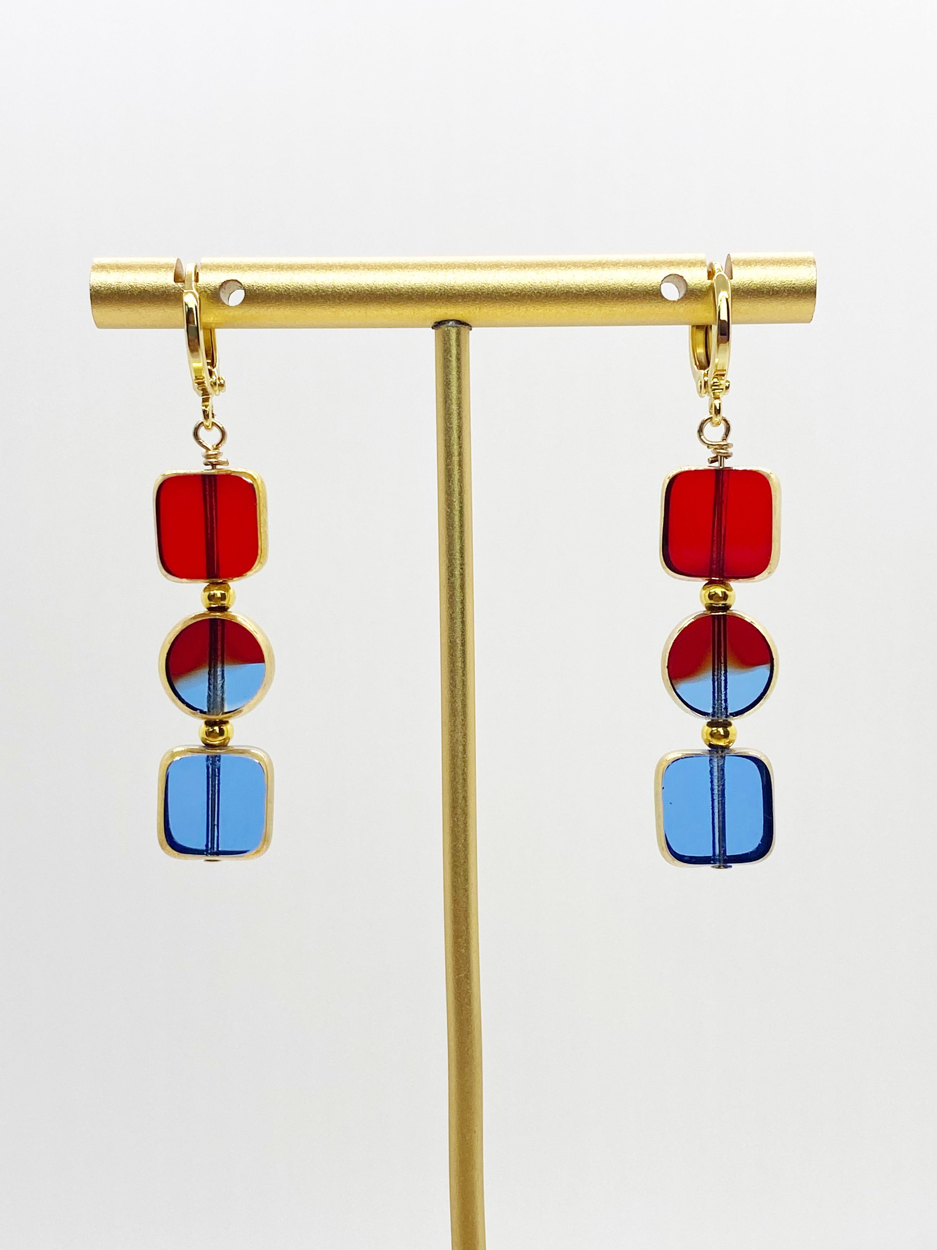 Art Deco Blue & Red Translucent German Beads edged with 24K Gold For Sale